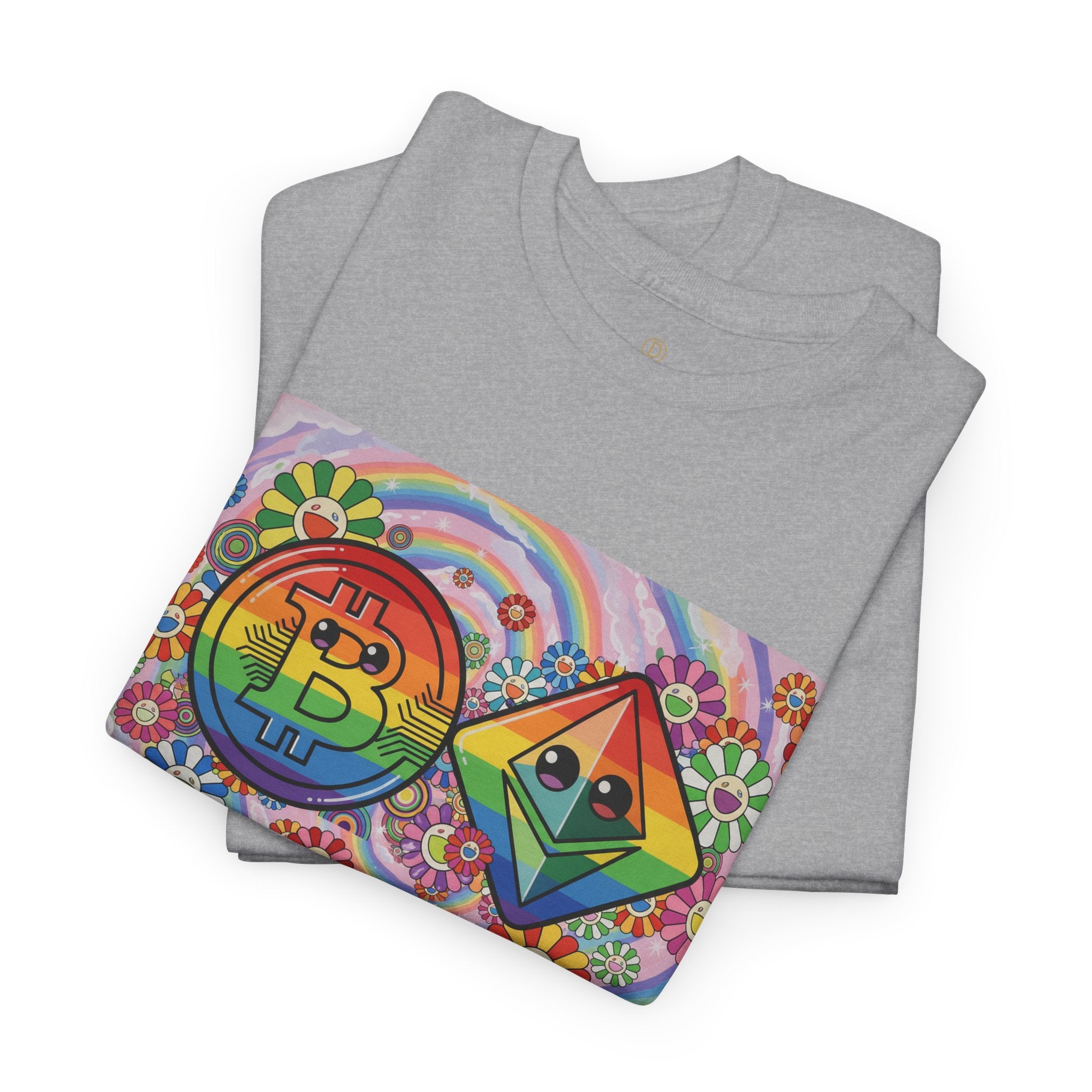 Crypto Rainbow T-Shirt — Bitcoin & Ethereum Hippie Art Tee