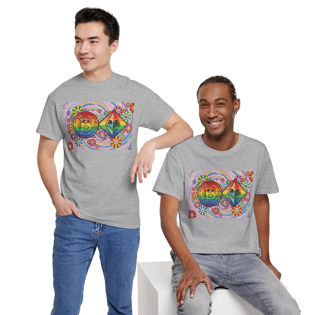 Crypto Rainbow T-Shirt — Bitcoin & Ethereum Hippie Art Tee