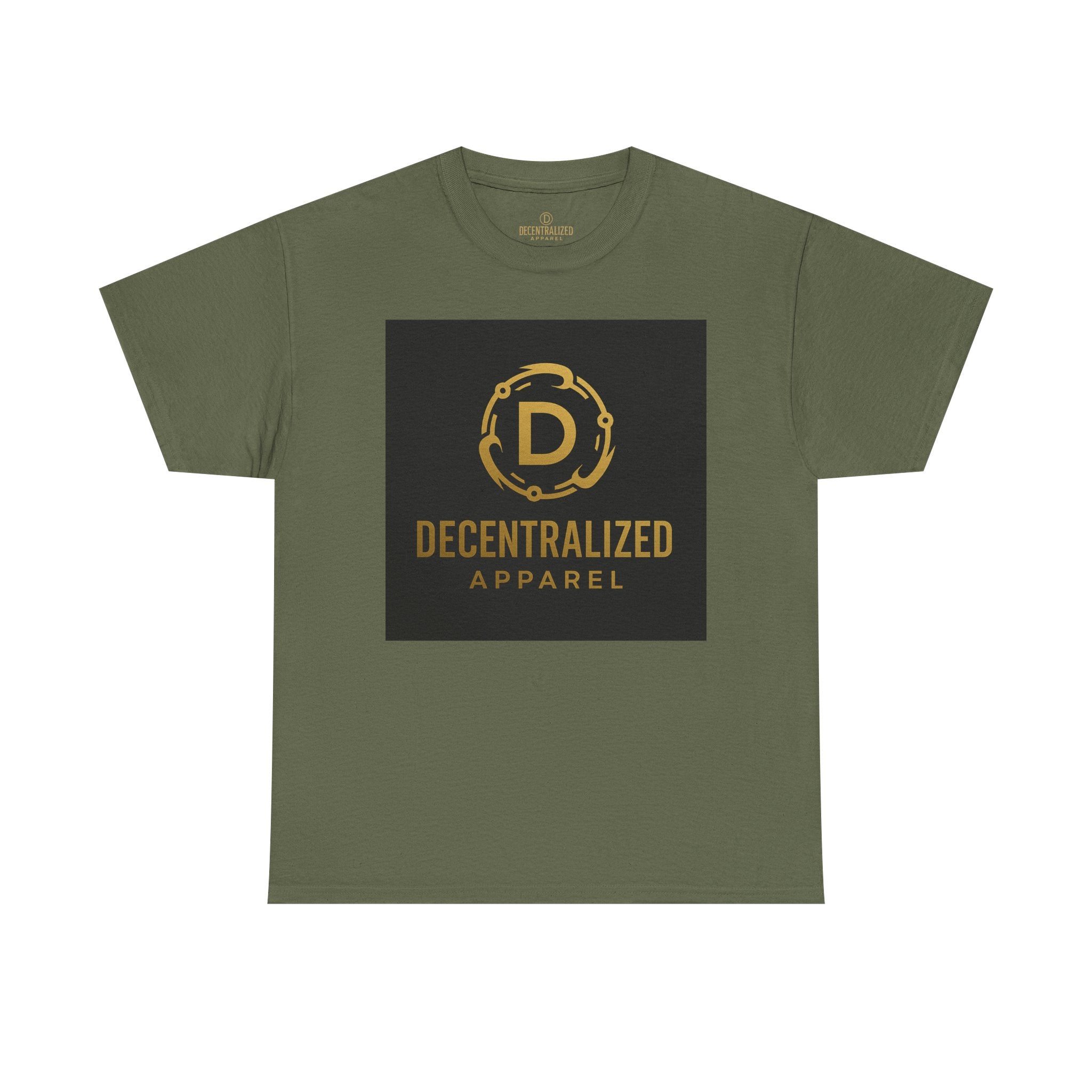 Decentralized Apparel Logo Tee — Gold Emblem Cotton T-Shirt