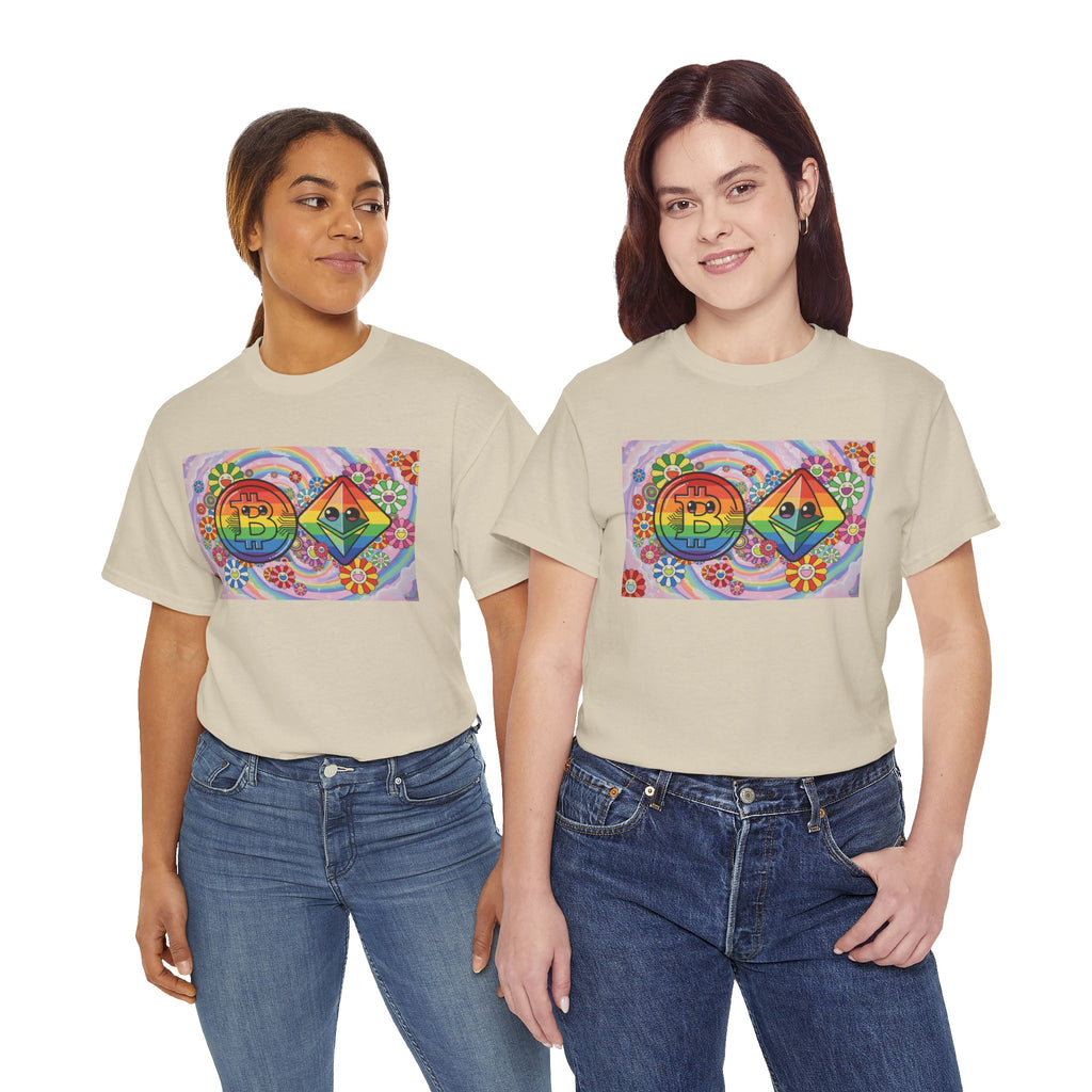 Crypto Rainbow T-Shirt — Bitcoin & Ethereum Hippie Art Tee