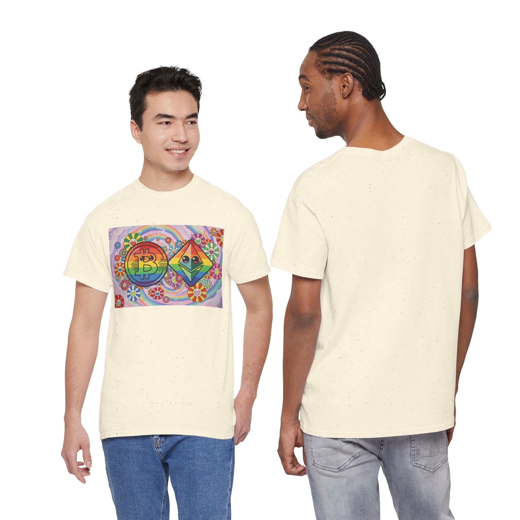 Crypto Rainbow T-Shirt — Bitcoin & Ethereum Hippie Art Tee