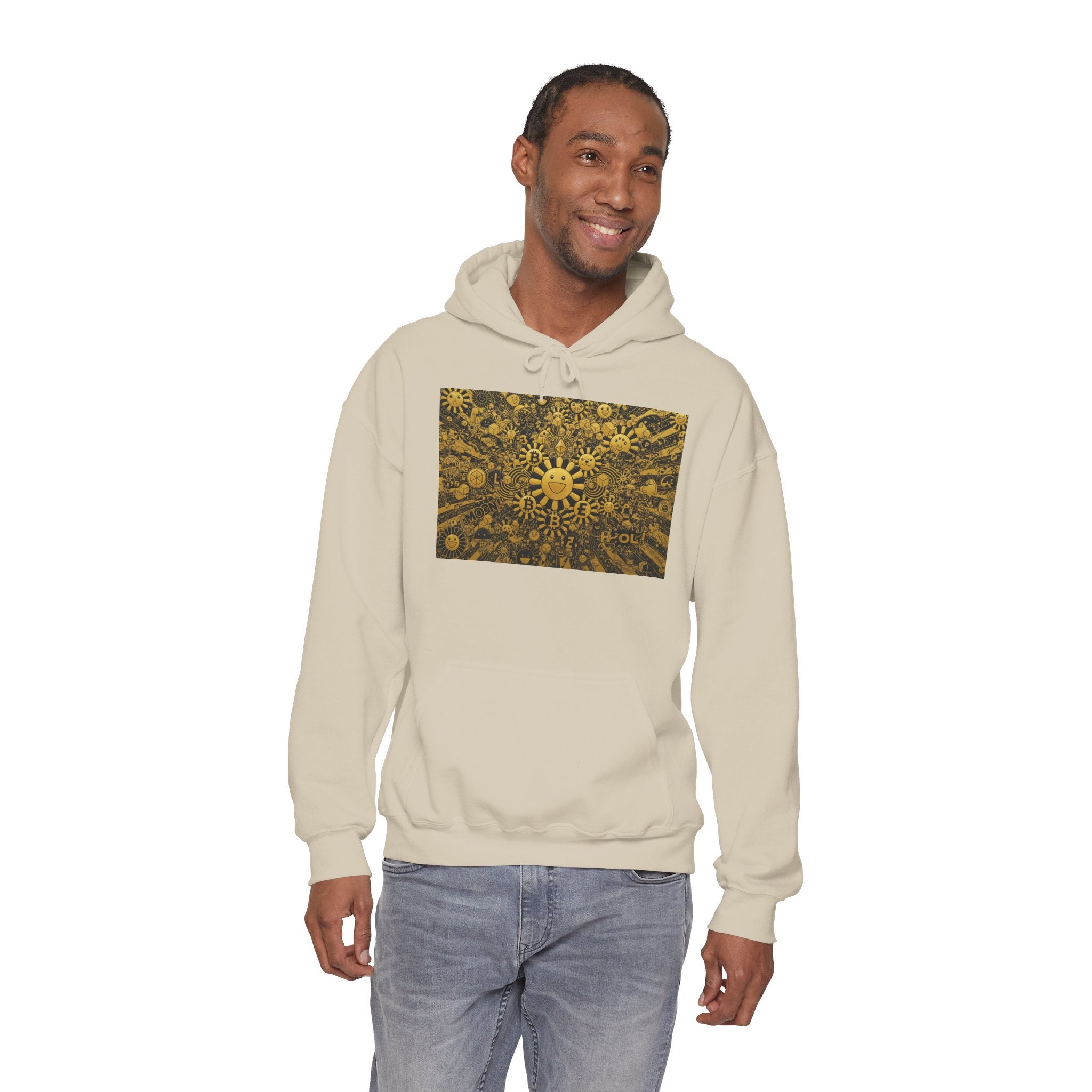Solar Mandala Hoodie — Golden Sunburst Graphic Pullover