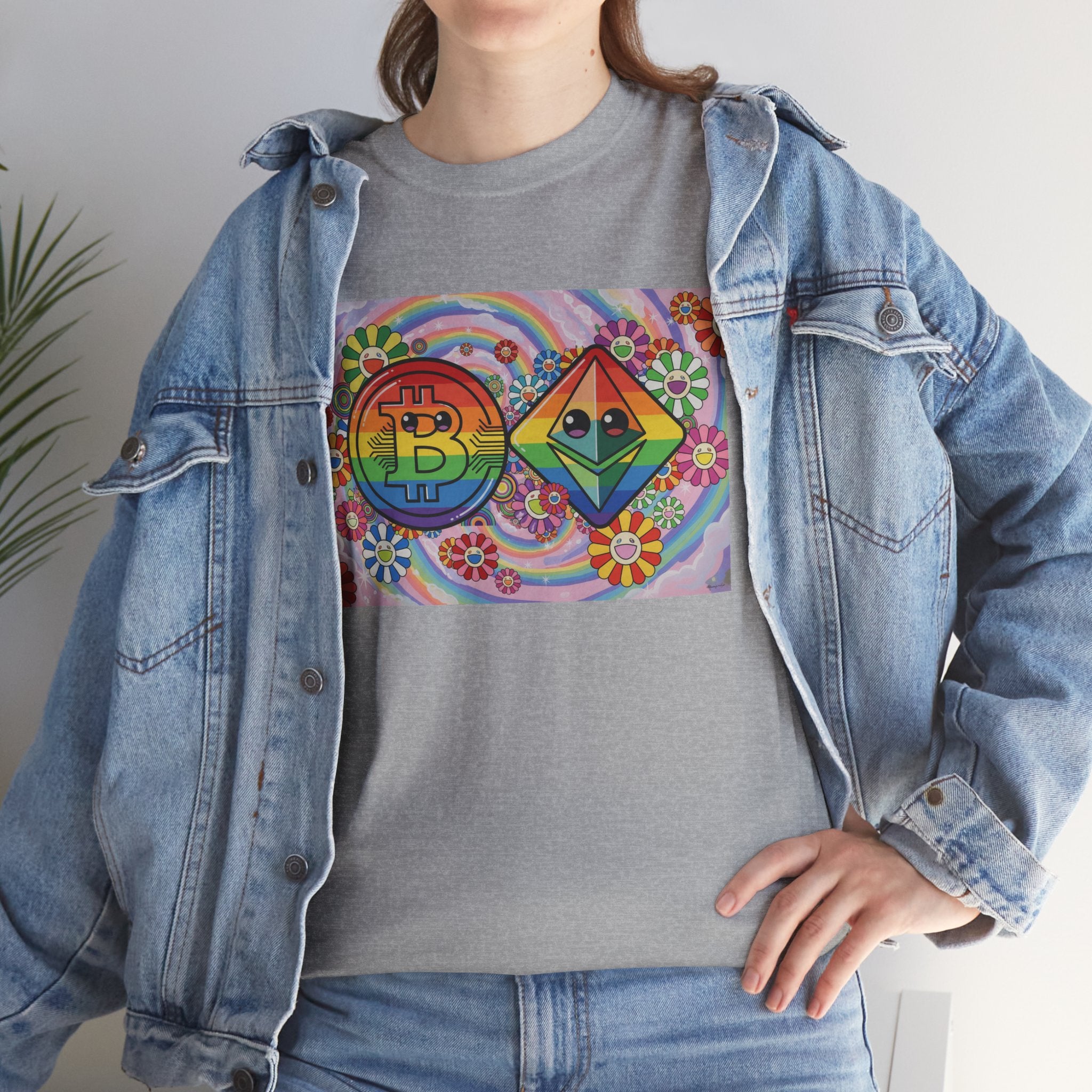 Crypto Rainbow T-Shirt — Bitcoin & Ethereum Hippie Art Tee