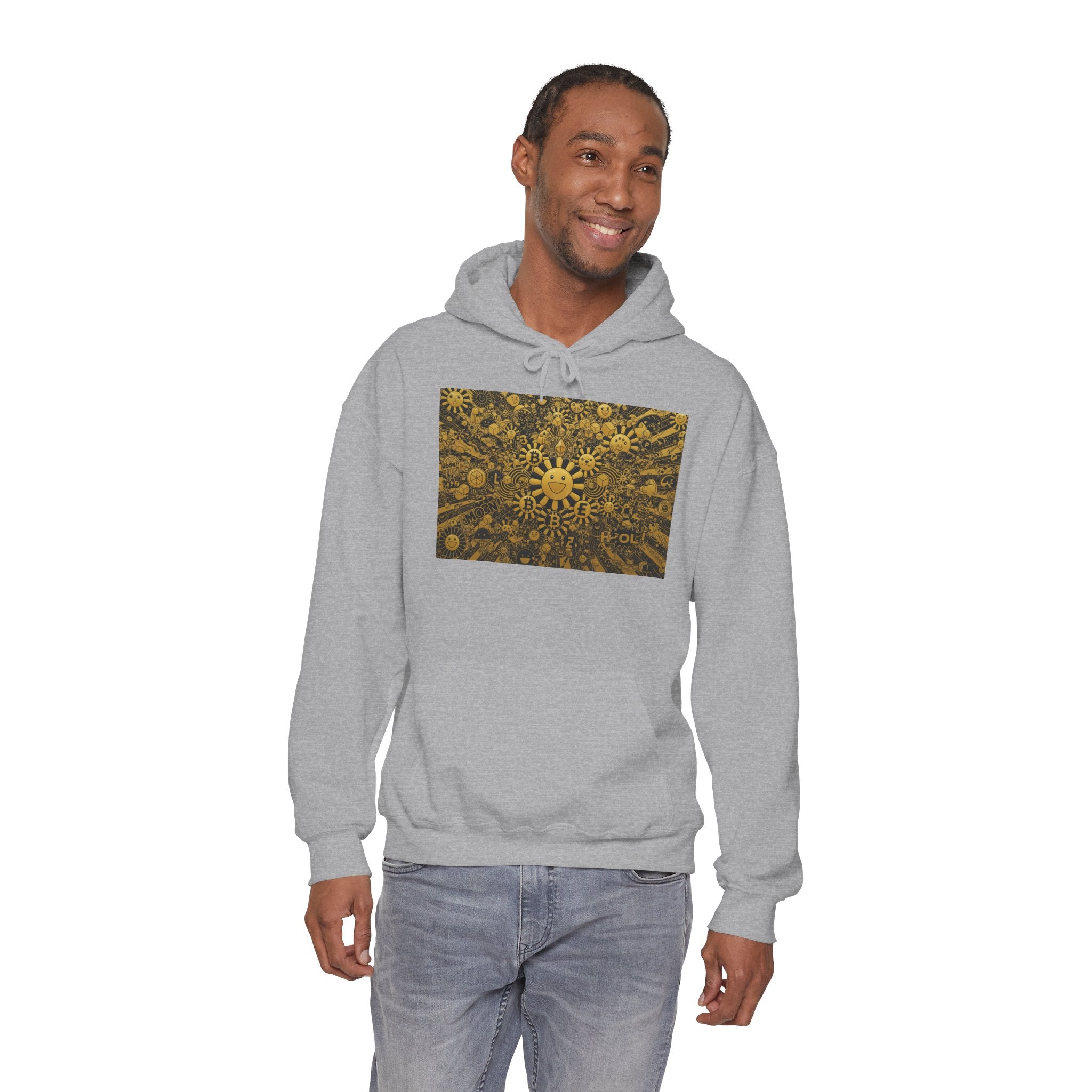 Solar Mandala Hoodie — Golden Sunburst Graphic Pullover