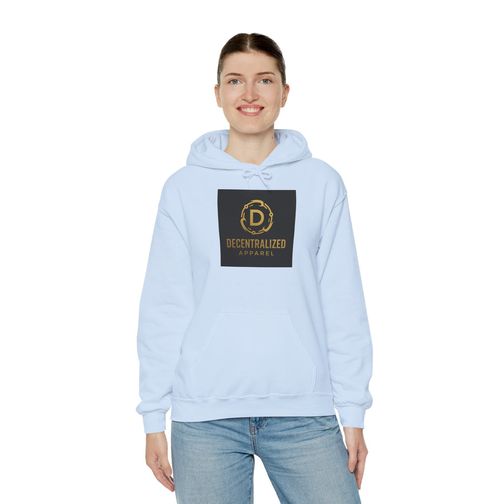 Decentralized Apparel Logo Hoodie – Gold Emblem Streetwear Sweatshirt