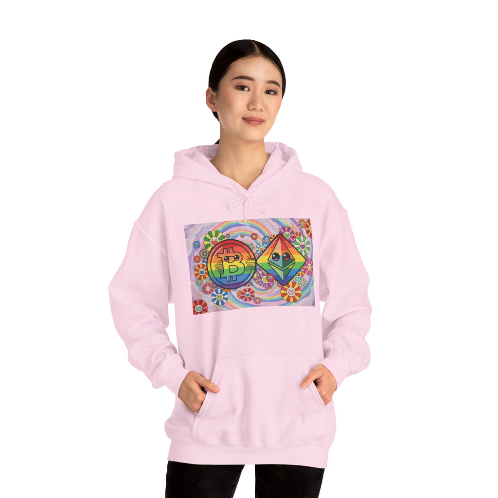 Crypto Flower Power Hoodie — Bitcoin & Ethereum Psychedelic Design
