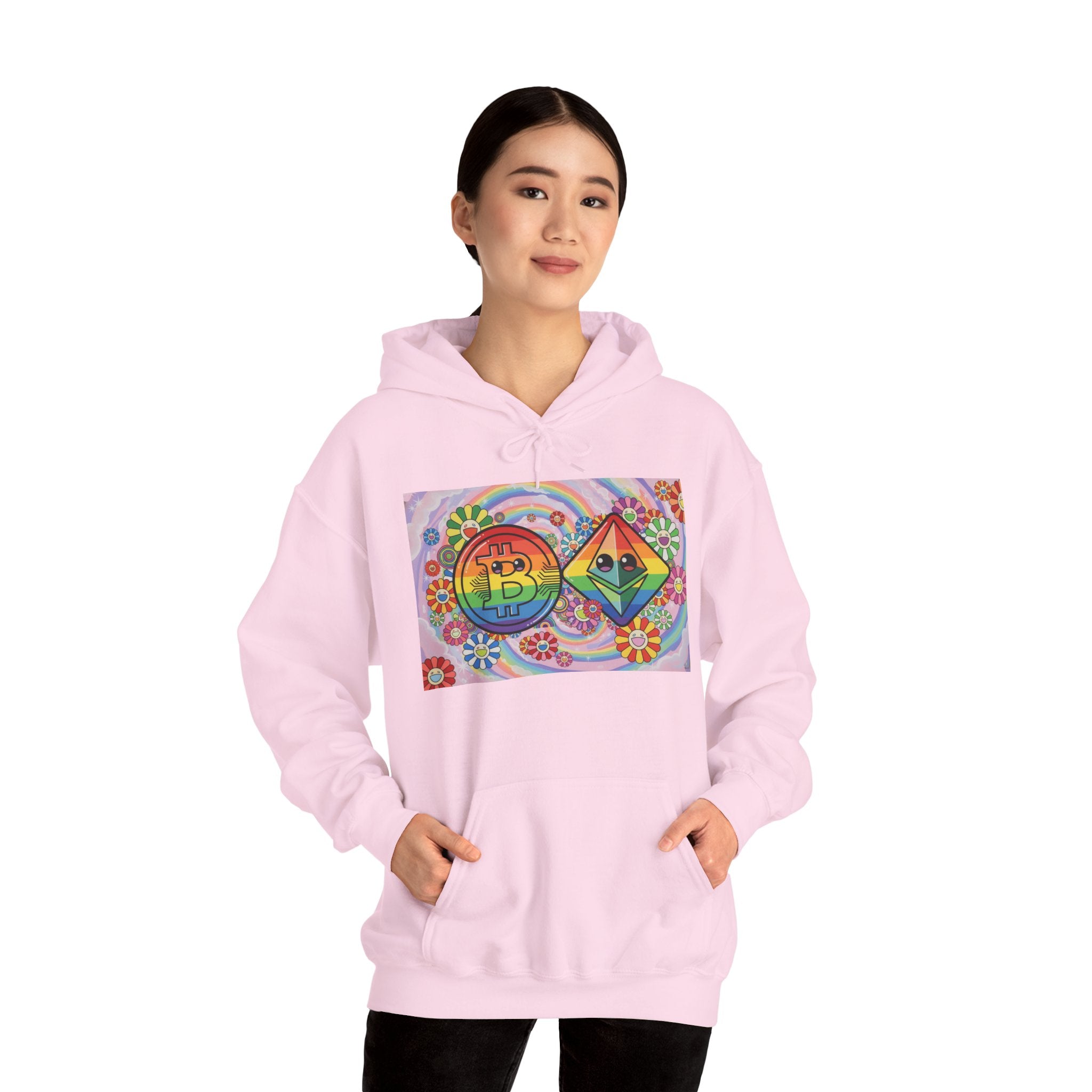 Crypto Flower Power Hoodie — Bitcoin & Ethereum Psychedelic Design