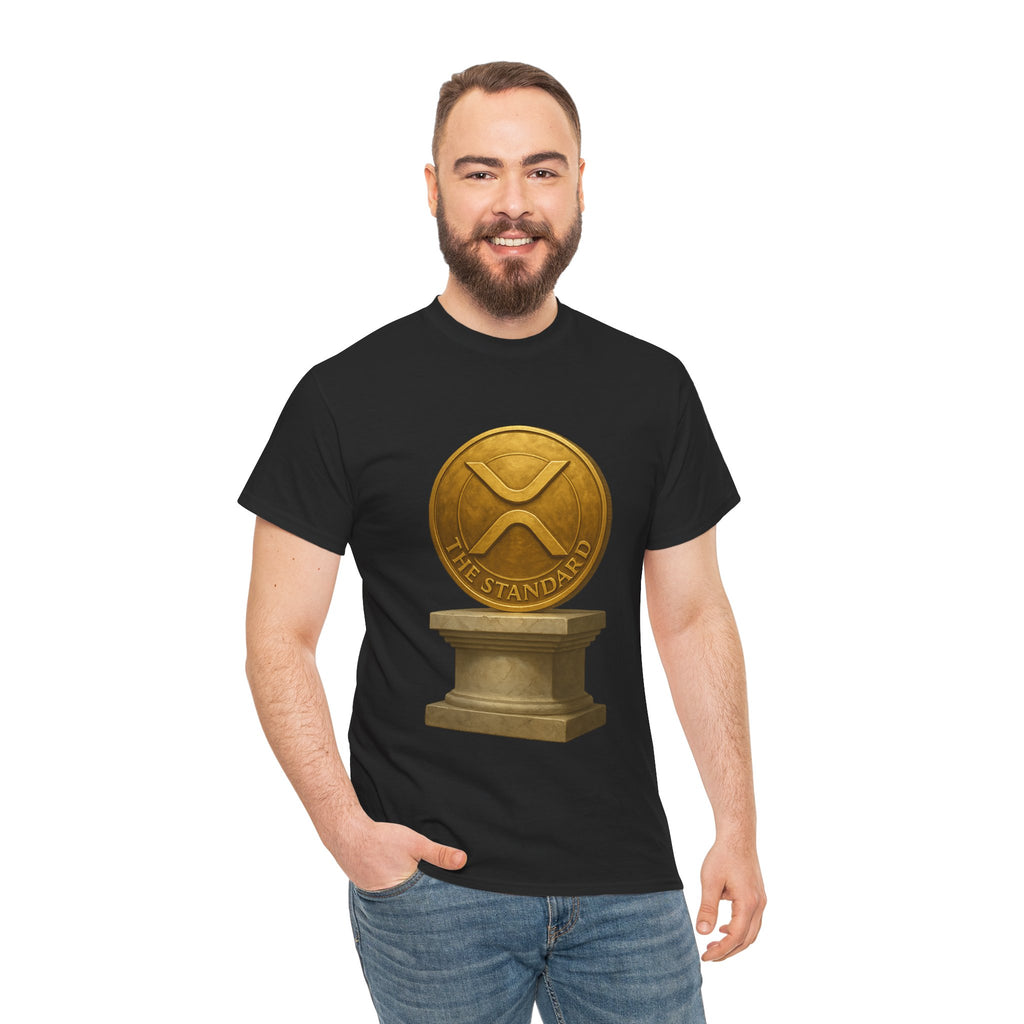 XRP Ledger Trophy T‑Shirt – Gold Ripple Coin on Pedestal Crypto Tee