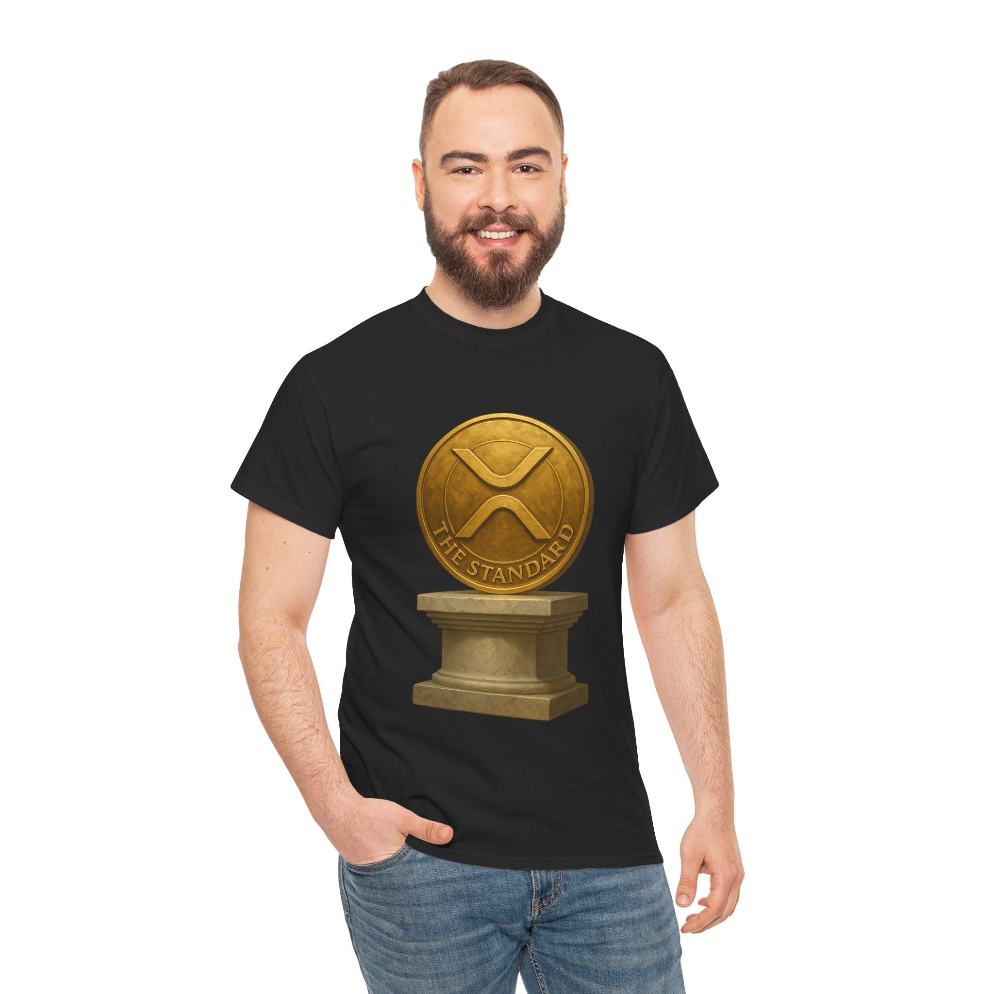 XRP Ledger Trophy T‑Shirt – Gold Ripple Coin on Pedestal Crypto Tee