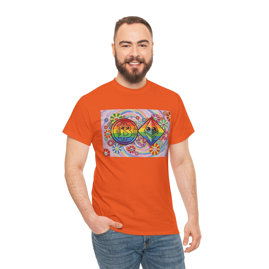 Crypto Rainbow T-Shirt — Bitcoin & Ethereum Hippie Art Tee