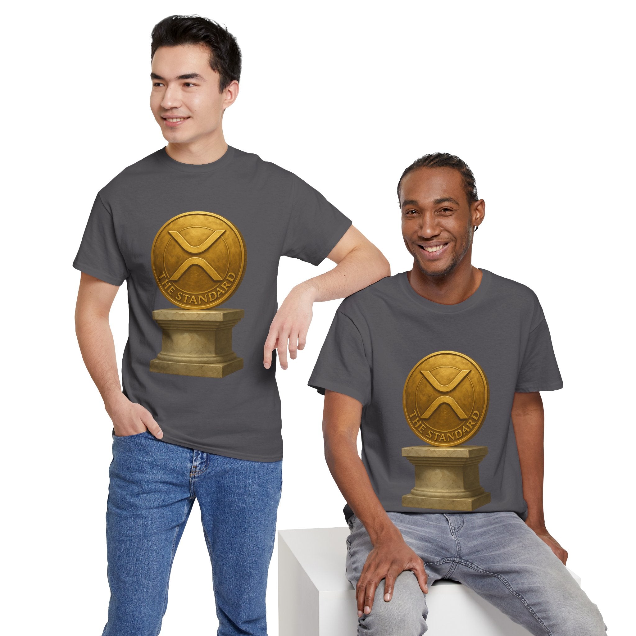 XRP Ledger Trophy T‑Shirt – Gold Ripple Coin on Pedestal Crypto Tee