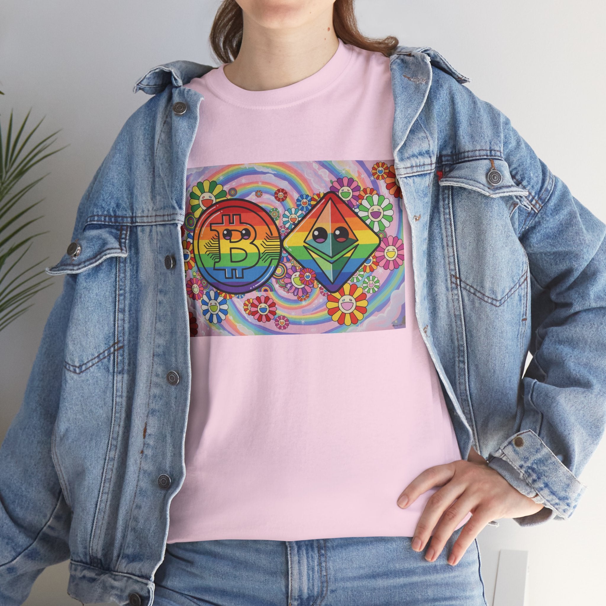 Crypto Rainbow T-Shirt — Bitcoin & Ethereum Hippie Art Tee