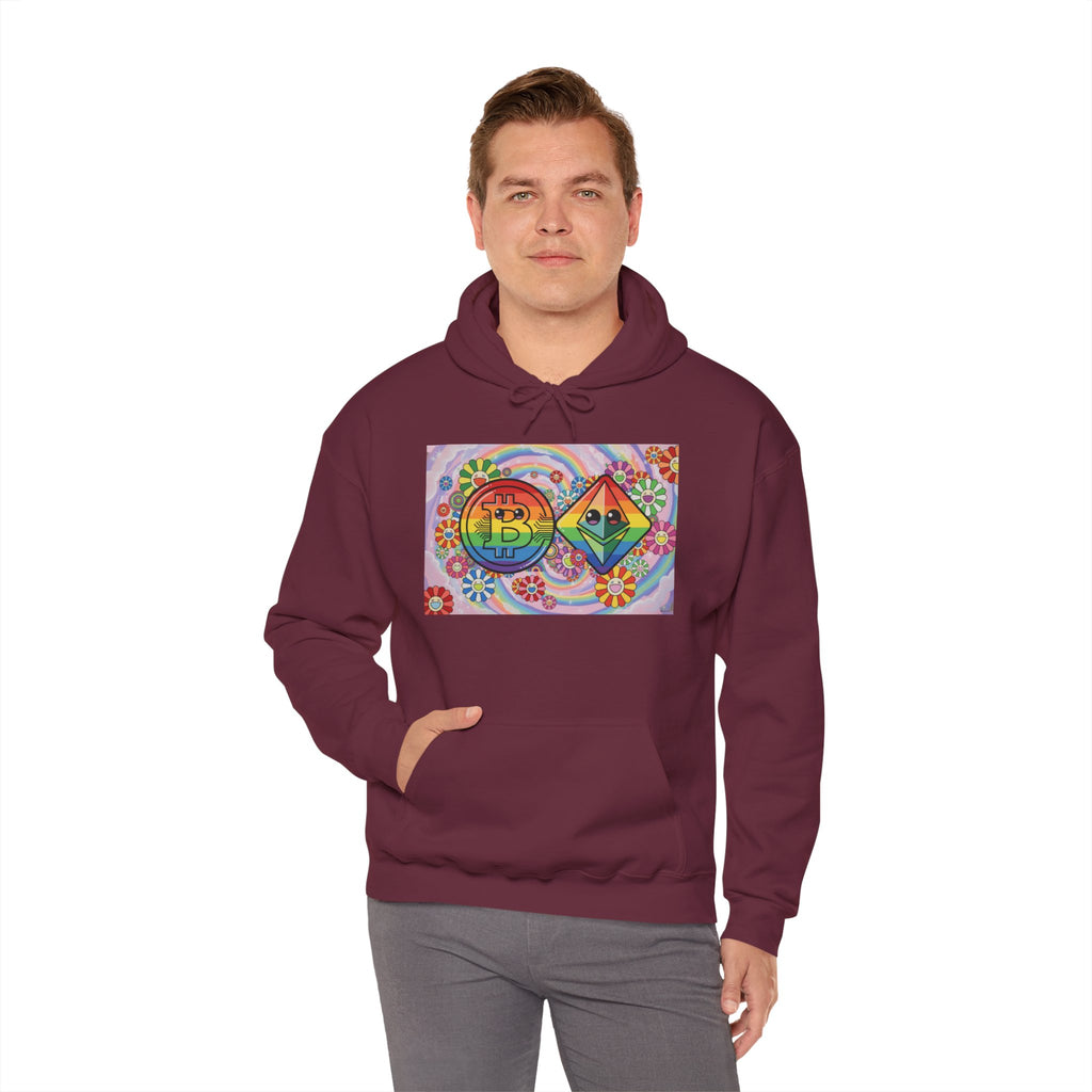 Crypto Flower Power Hoodie — Bitcoin & Ethereum Psychedelic Design