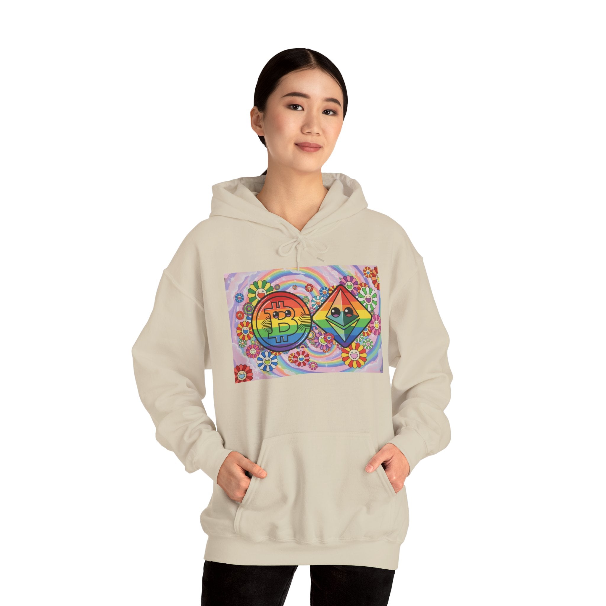 Crypto Flower Power Hoodie — Bitcoin & Ethereum Psychedelic Design