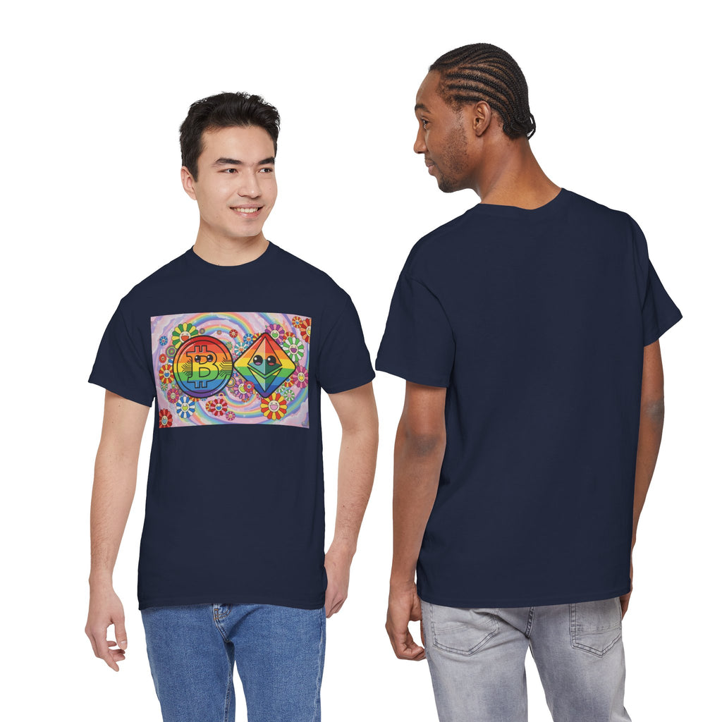 Crypto Rainbow T-Shirt — Bitcoin & Ethereum Hippie Art Tee