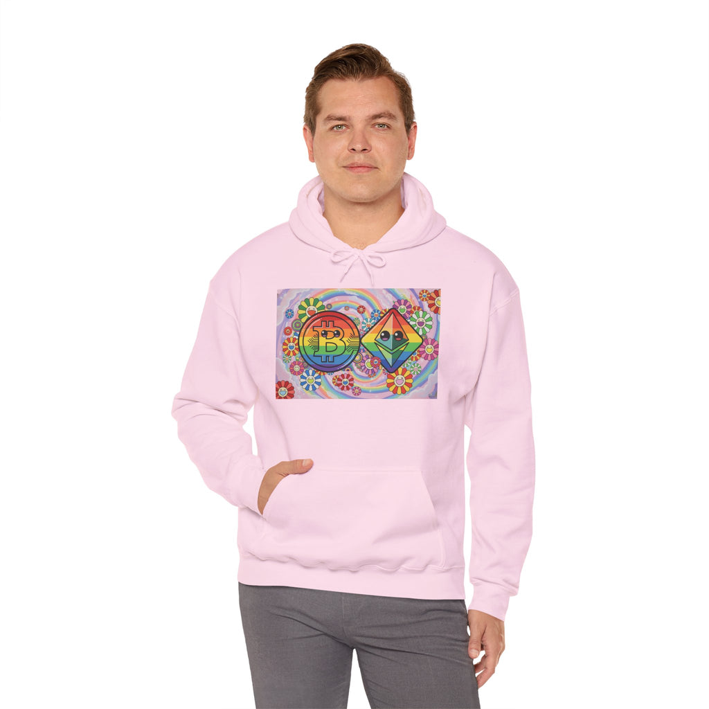 Crypto Flower Power Hoodie — Bitcoin & Ethereum Psychedelic Design