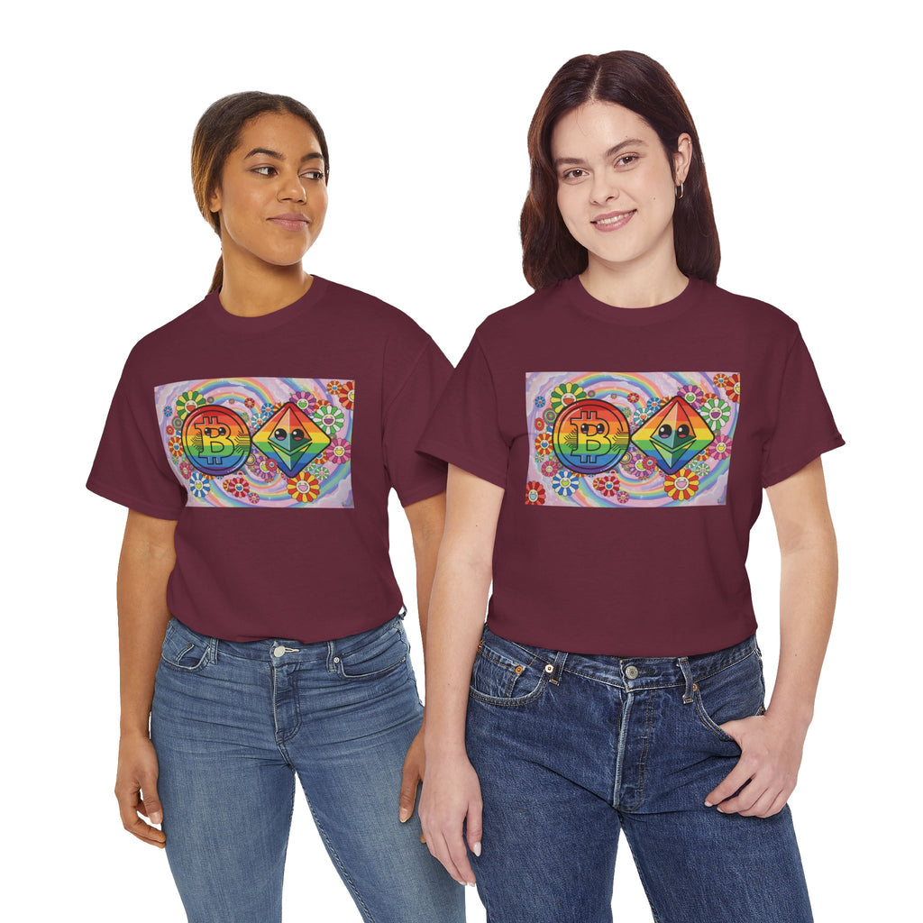 Crypto Rainbow T-Shirt — Bitcoin & Ethereum Hippie Art Tee