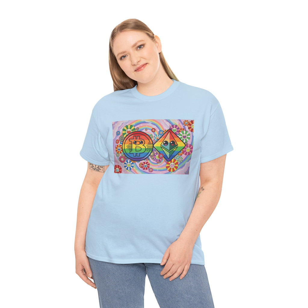 Crypto Rainbow T-Shirt — Bitcoin & Ethereum Hippie Art Tee