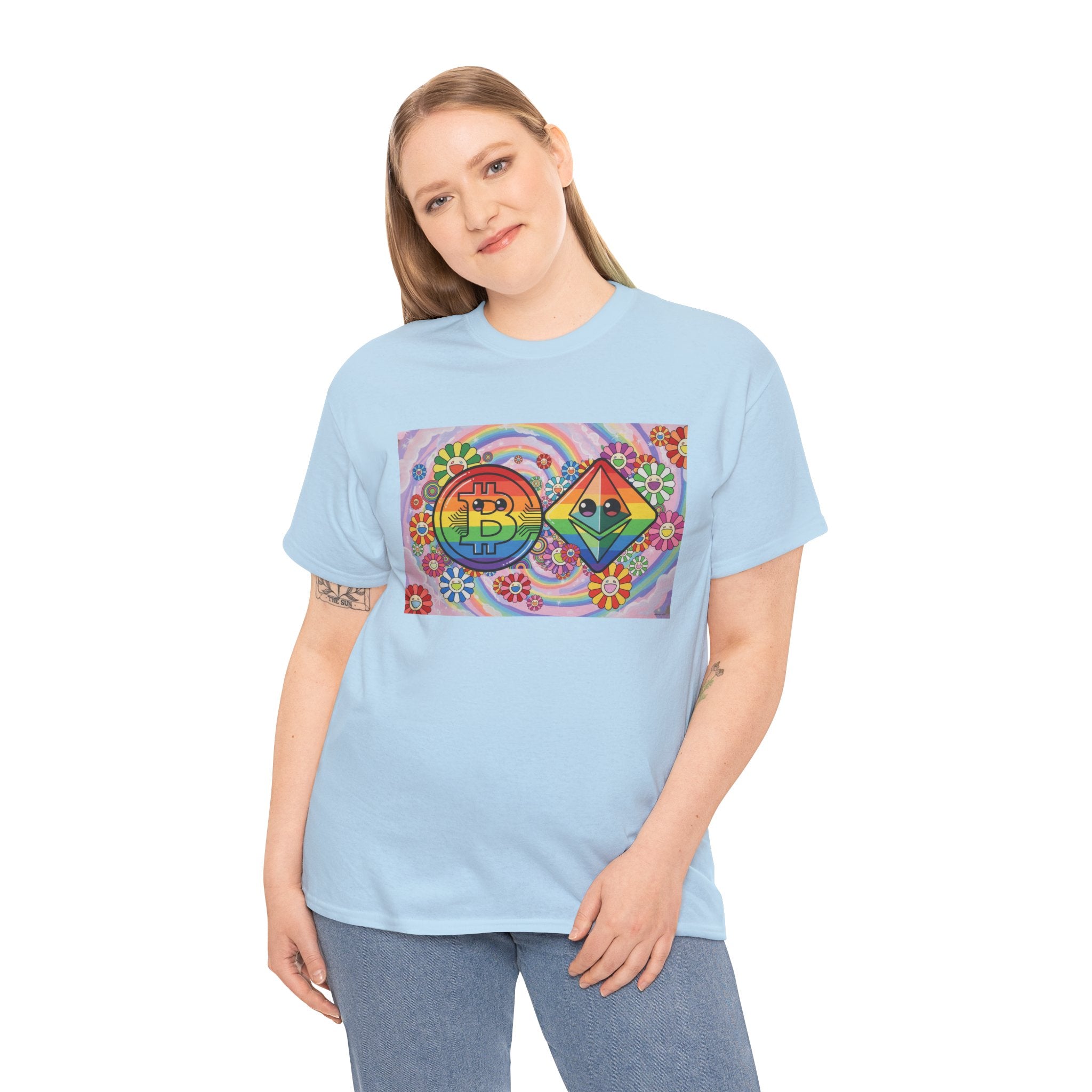 Crypto Rainbow T-Shirt — Bitcoin & Ethereum Hippie Art Tee