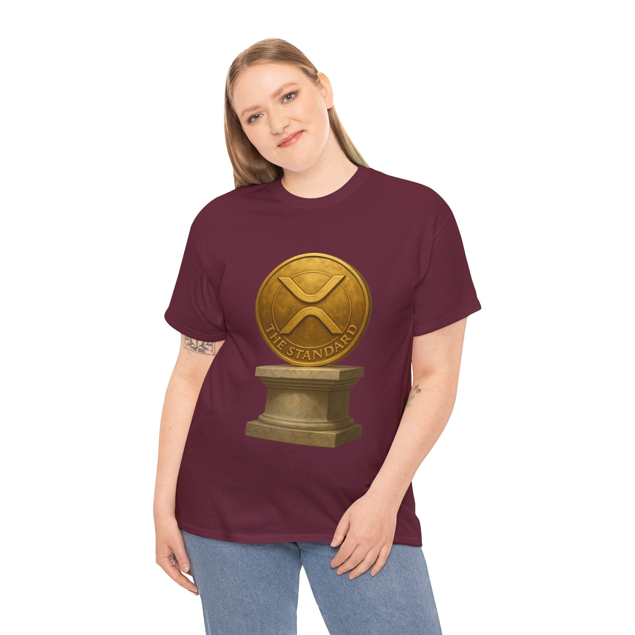 XRP Ledger Trophy T‑Shirt – Gold Ripple Coin on Pedestal Crypto Tee