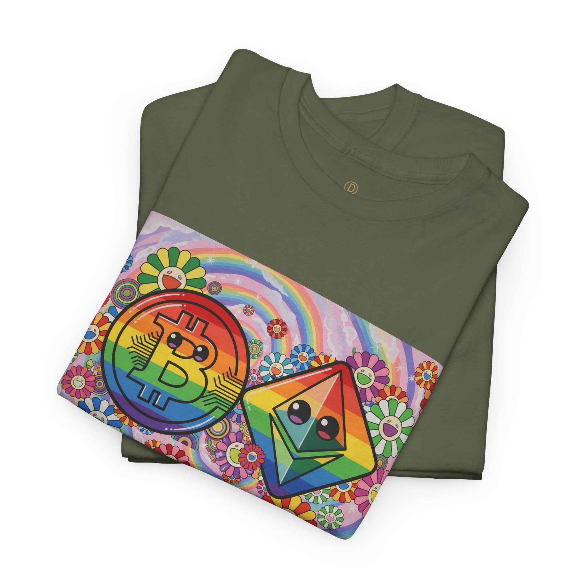 Crypto Rainbow T-Shirt — Bitcoin & Ethereum Hippie Art Tee