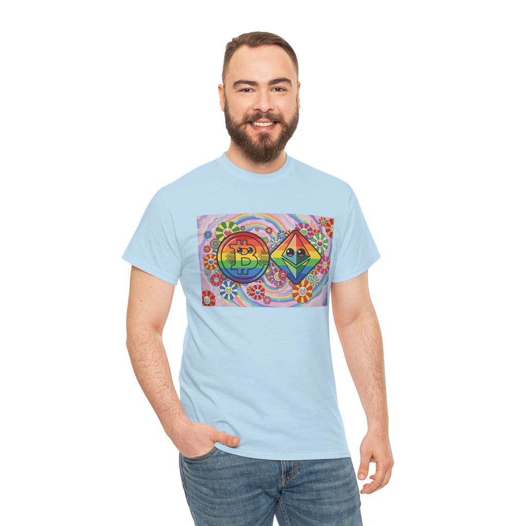Crypto Rainbow T-Shirt — Bitcoin & Ethereum Hippie Art Tee
