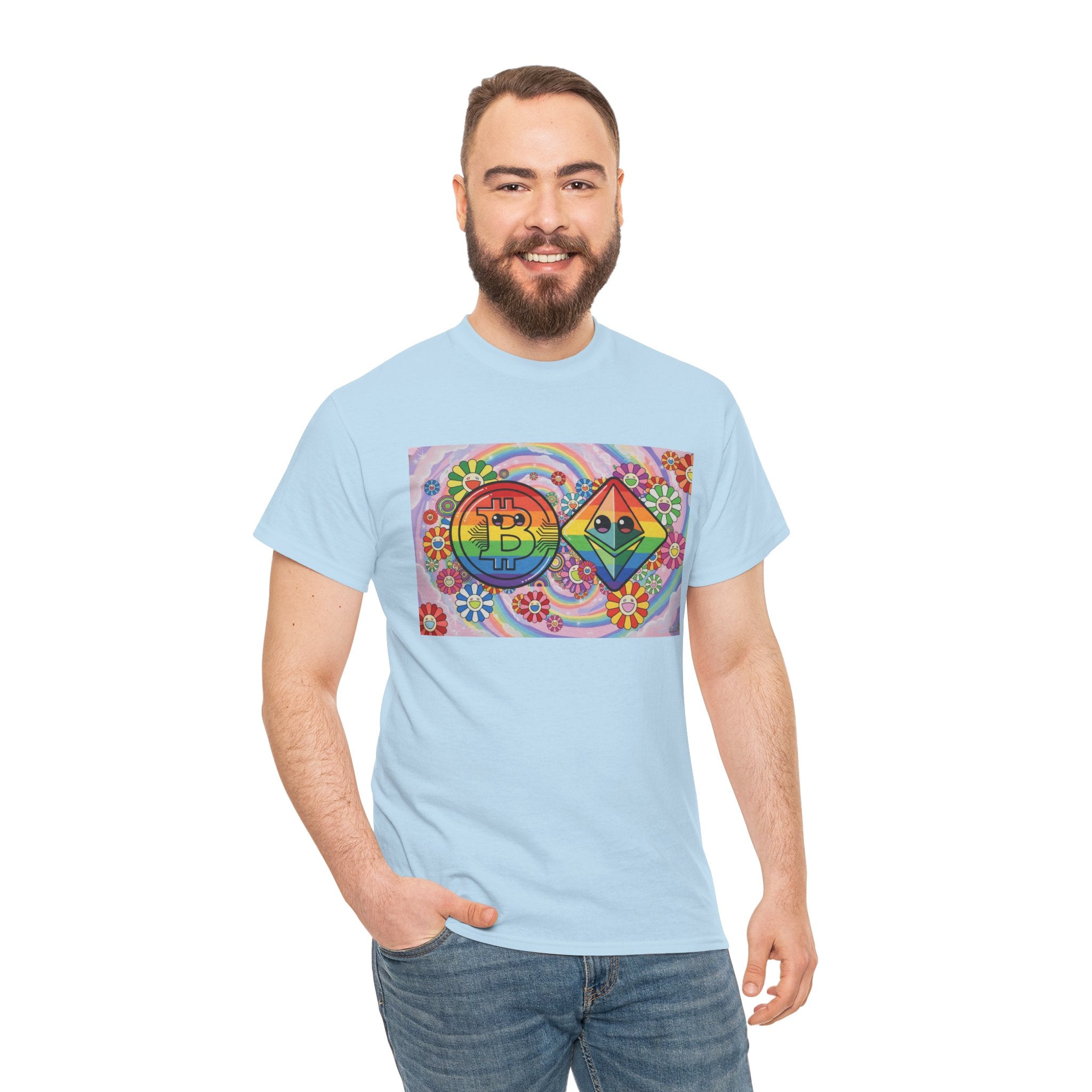 Crypto Rainbow T-Shirt — Bitcoin & Ethereum Hippie Art Tee