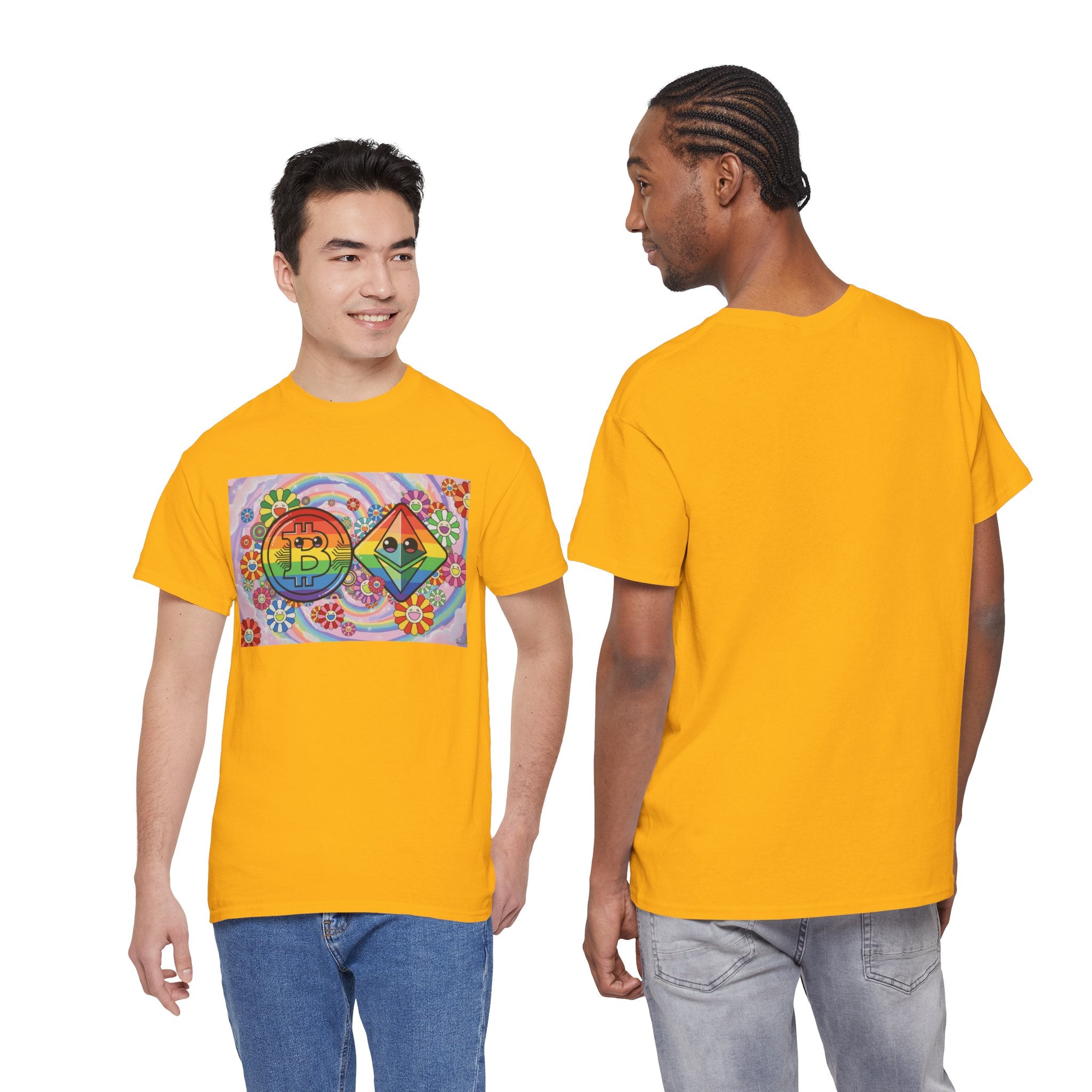 Crypto Rainbow T-Shirt — Bitcoin & Ethereum Hippie Art Tee