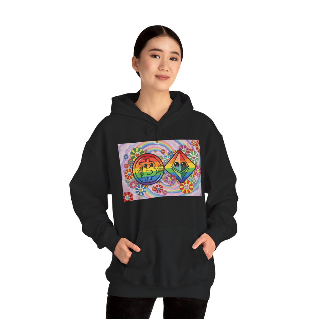 Crypto Flower Power Hoodie — Bitcoin & Ethereum Psychedelic Design