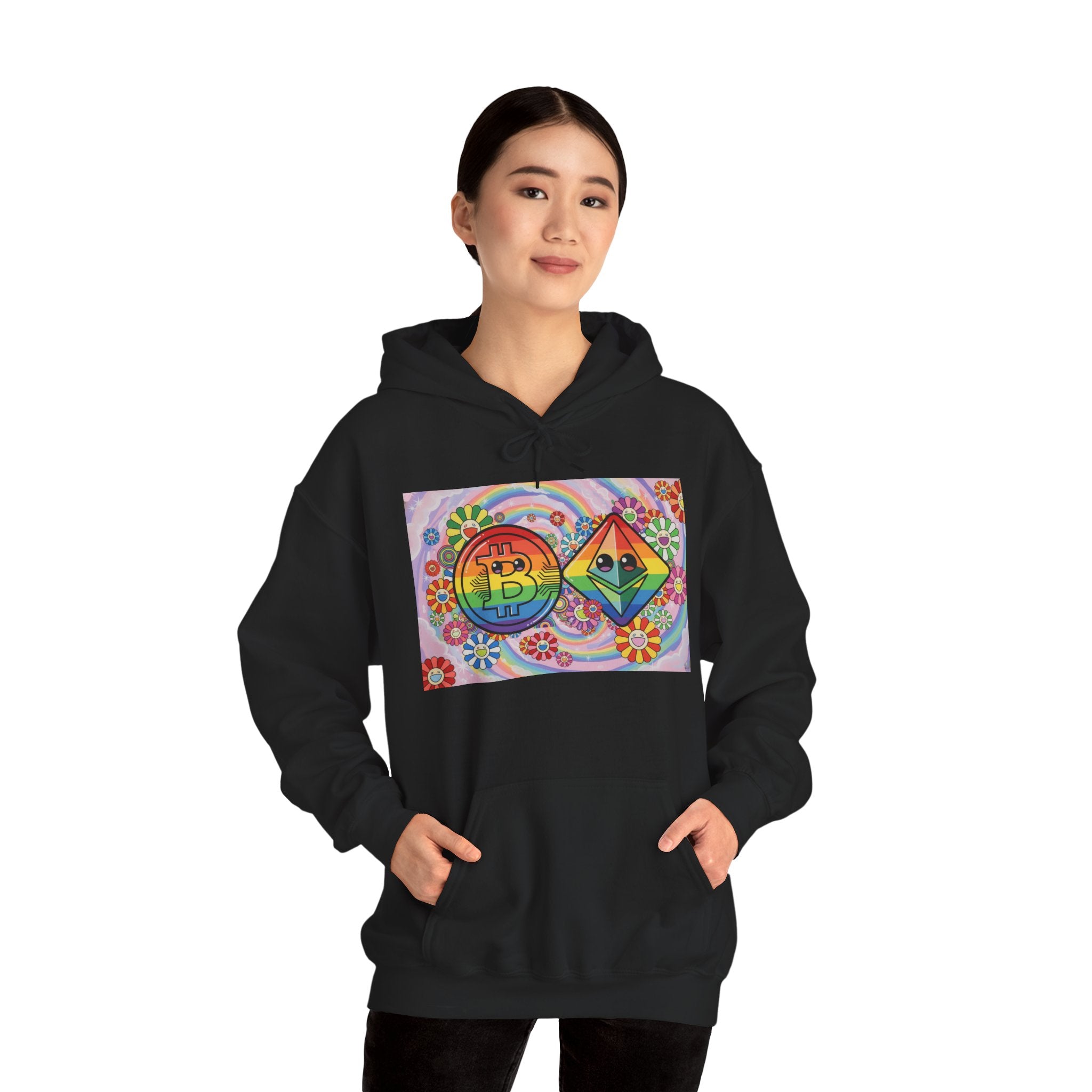 Crypto Flower Power Hoodie — Bitcoin & Ethereum Psychedelic Design