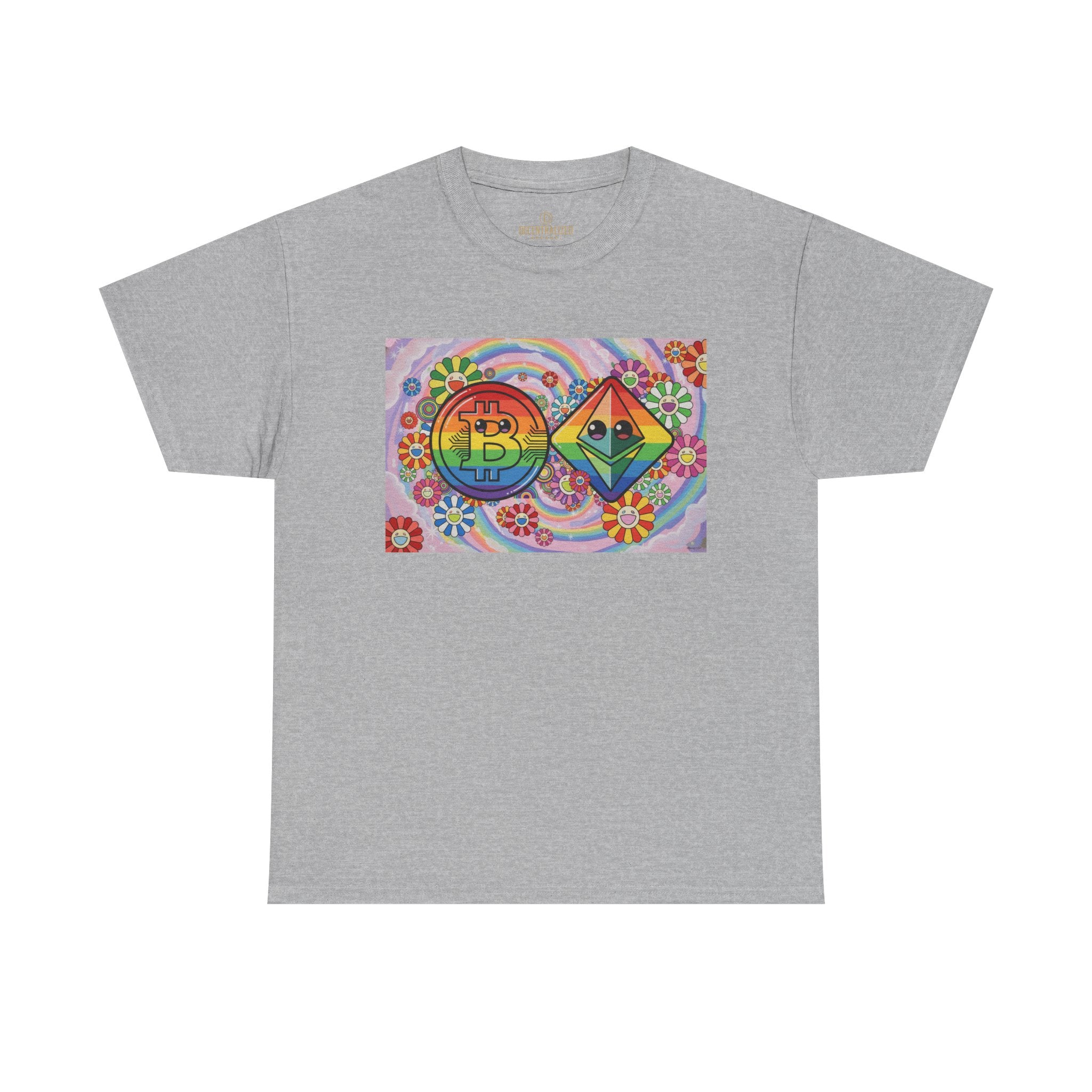 Crypto Rainbow T-Shirt — Bitcoin & Ethereum Hippie Art Tee