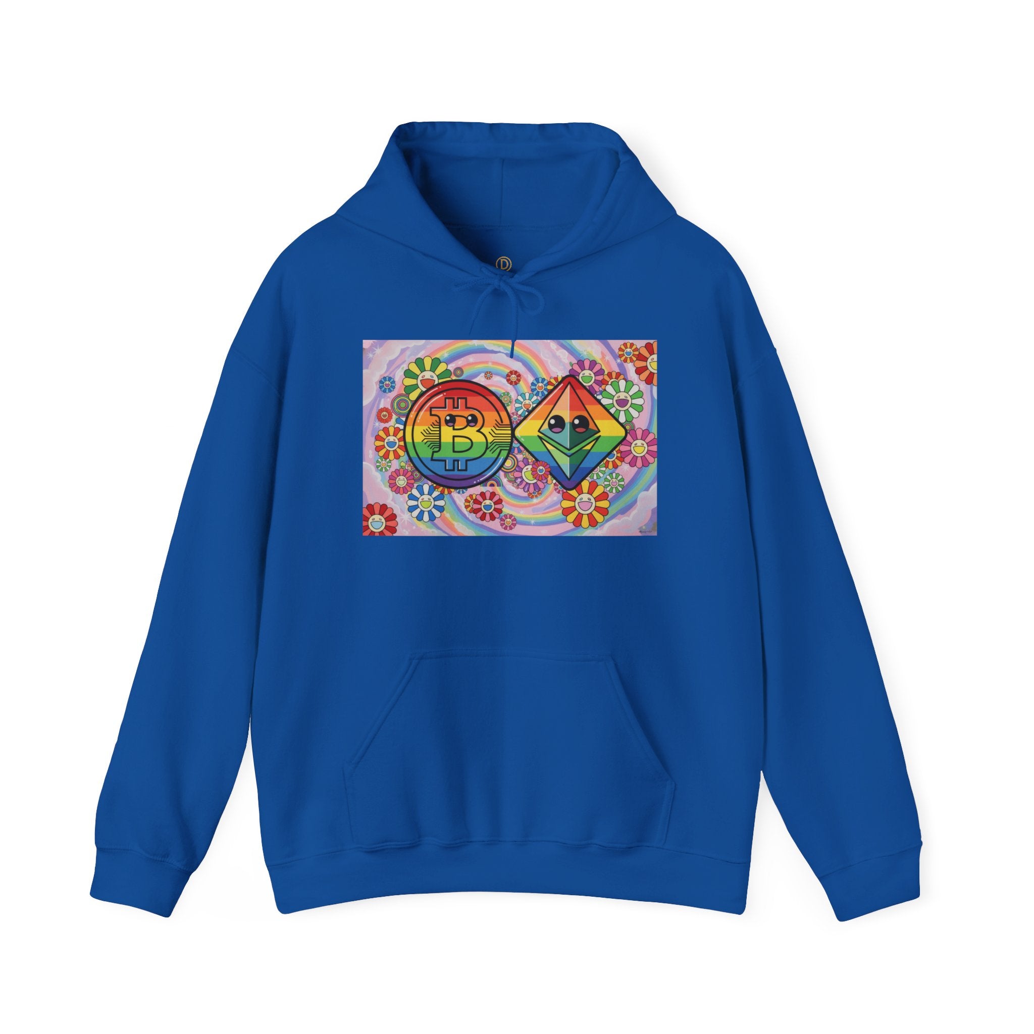 Crypto Flower Power Hoodie — Bitcoin & Ethereum Psychedelic Design