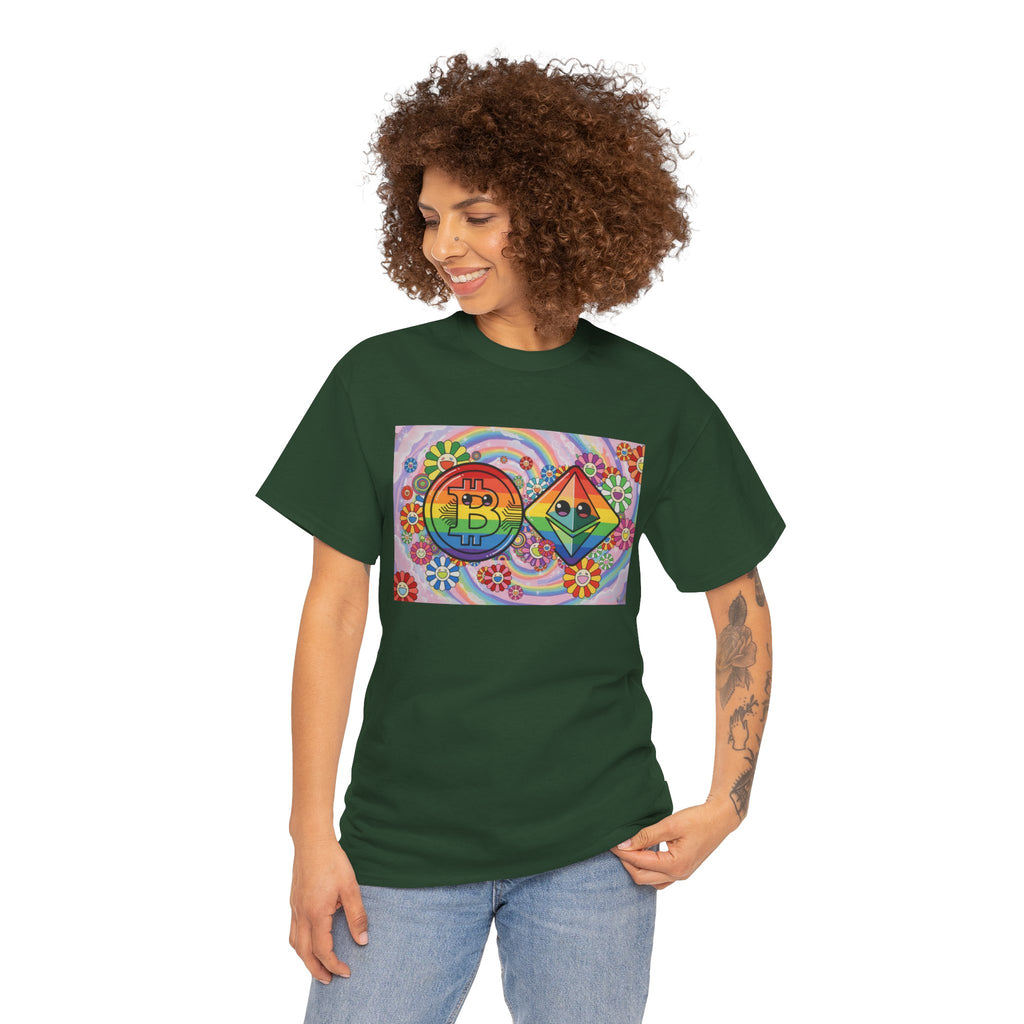 Crypto Rainbow T-Shirt — Bitcoin & Ethereum Hippie Art Tee