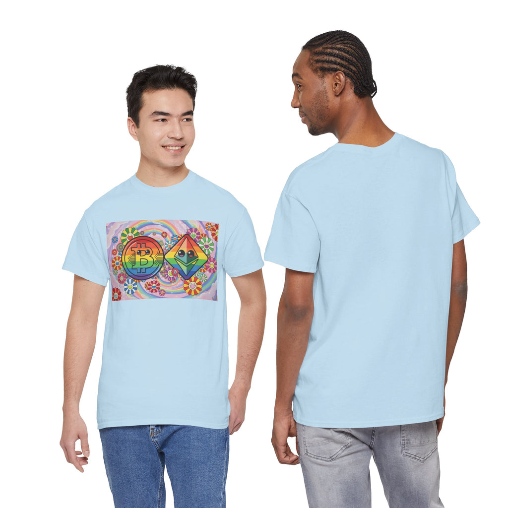 Crypto Rainbow T-Shirt — Bitcoin & Ethereum Hippie Art Tee