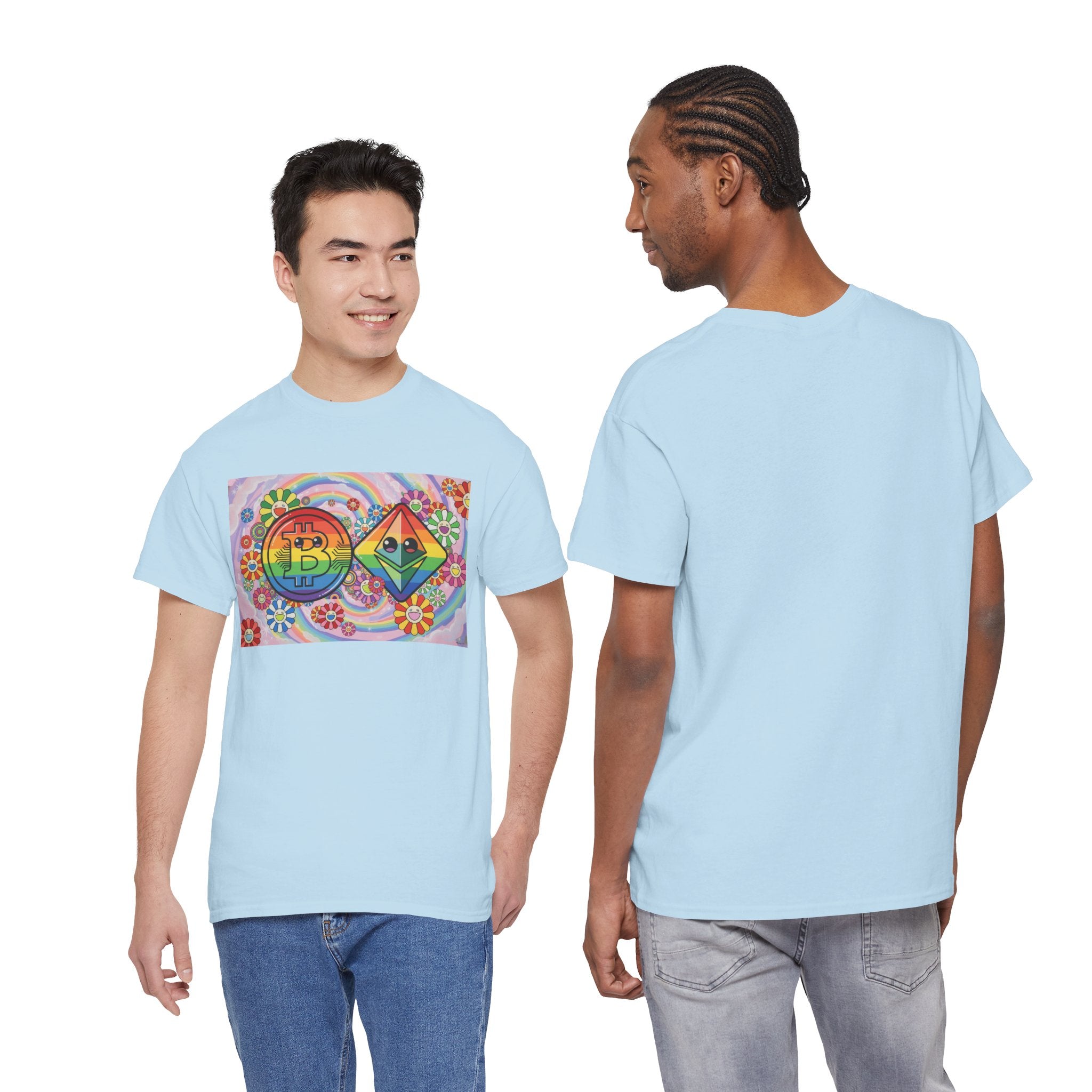 Crypto Rainbow T-Shirt — Bitcoin & Ethereum Hippie Art Tee