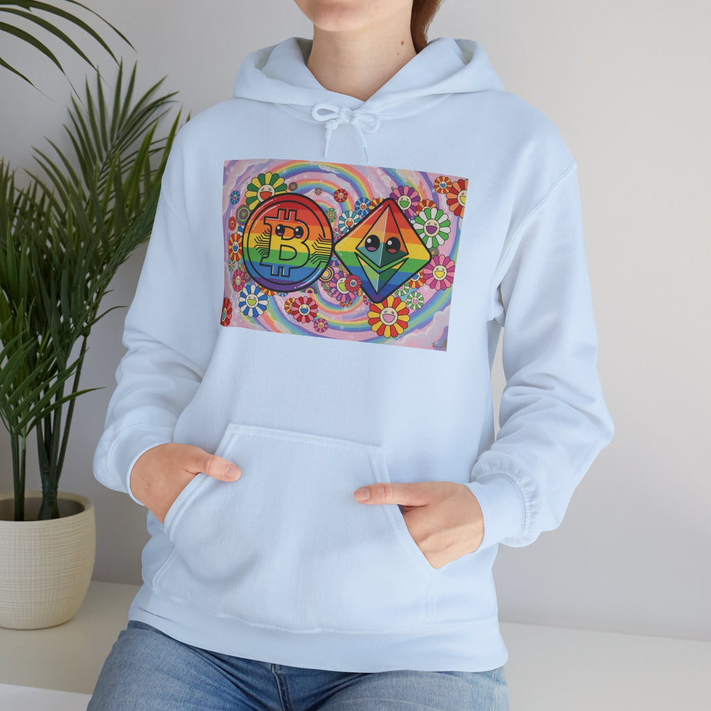 Crypto Flower Power Hoodie — Bitcoin & Ethereum Psychedelic Design