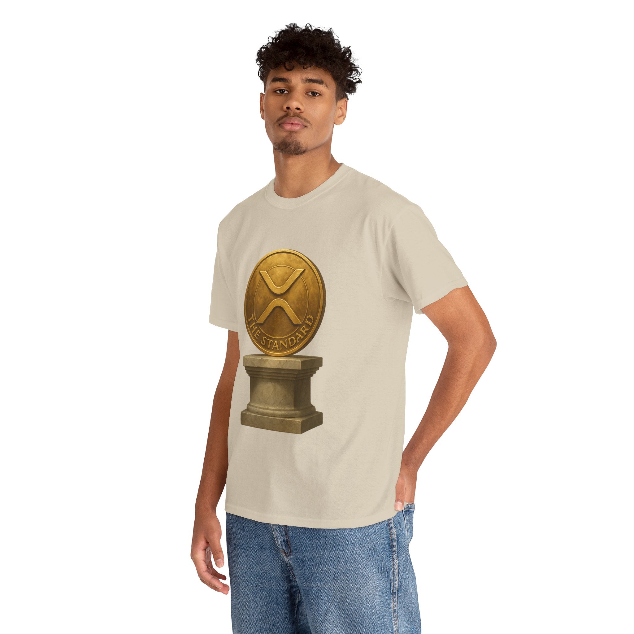XRP Ledger Trophy T‑Shirt – Gold Ripple Coin on Pedestal Crypto Tee
