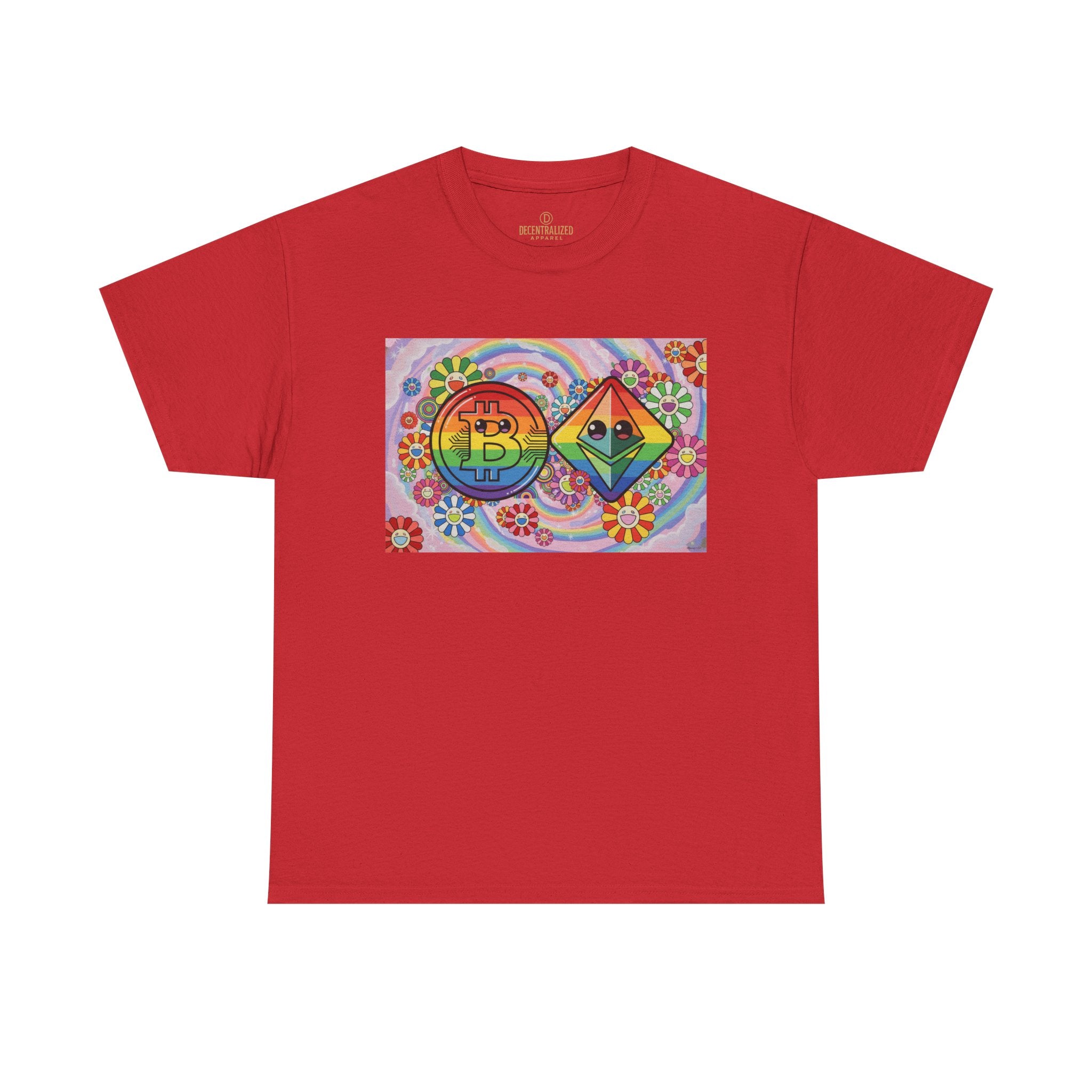 Crypto Rainbow T-Shirt — Bitcoin & Ethereum Hippie Art Tee