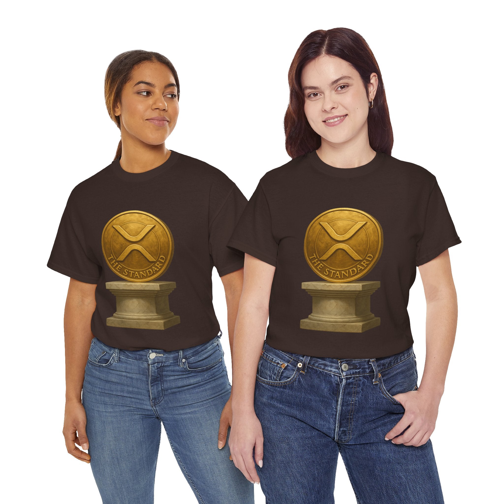 XRP Ledger Trophy T‑Shirt – Gold Ripple Coin on Pedestal Crypto Tee