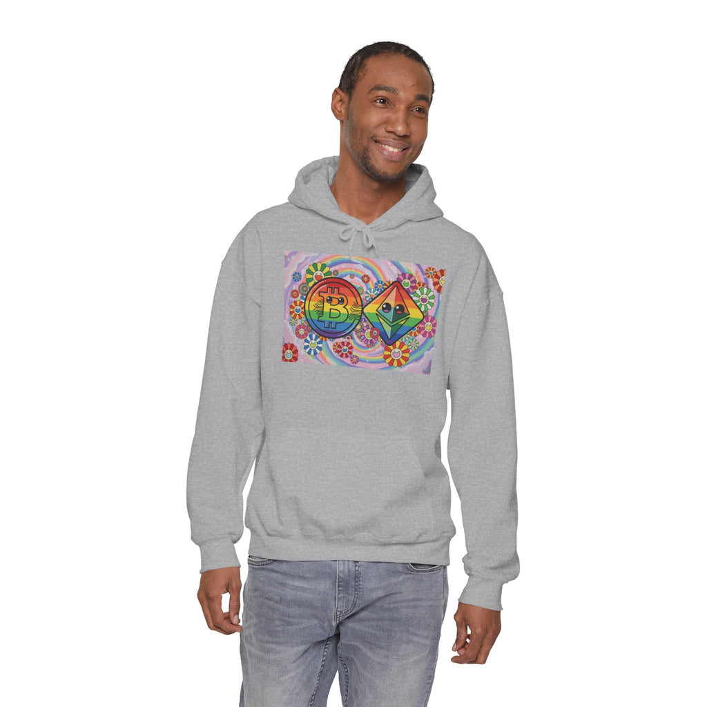 Crypto Flower Power Hoodie — Bitcoin & Ethereum Psychedelic Design