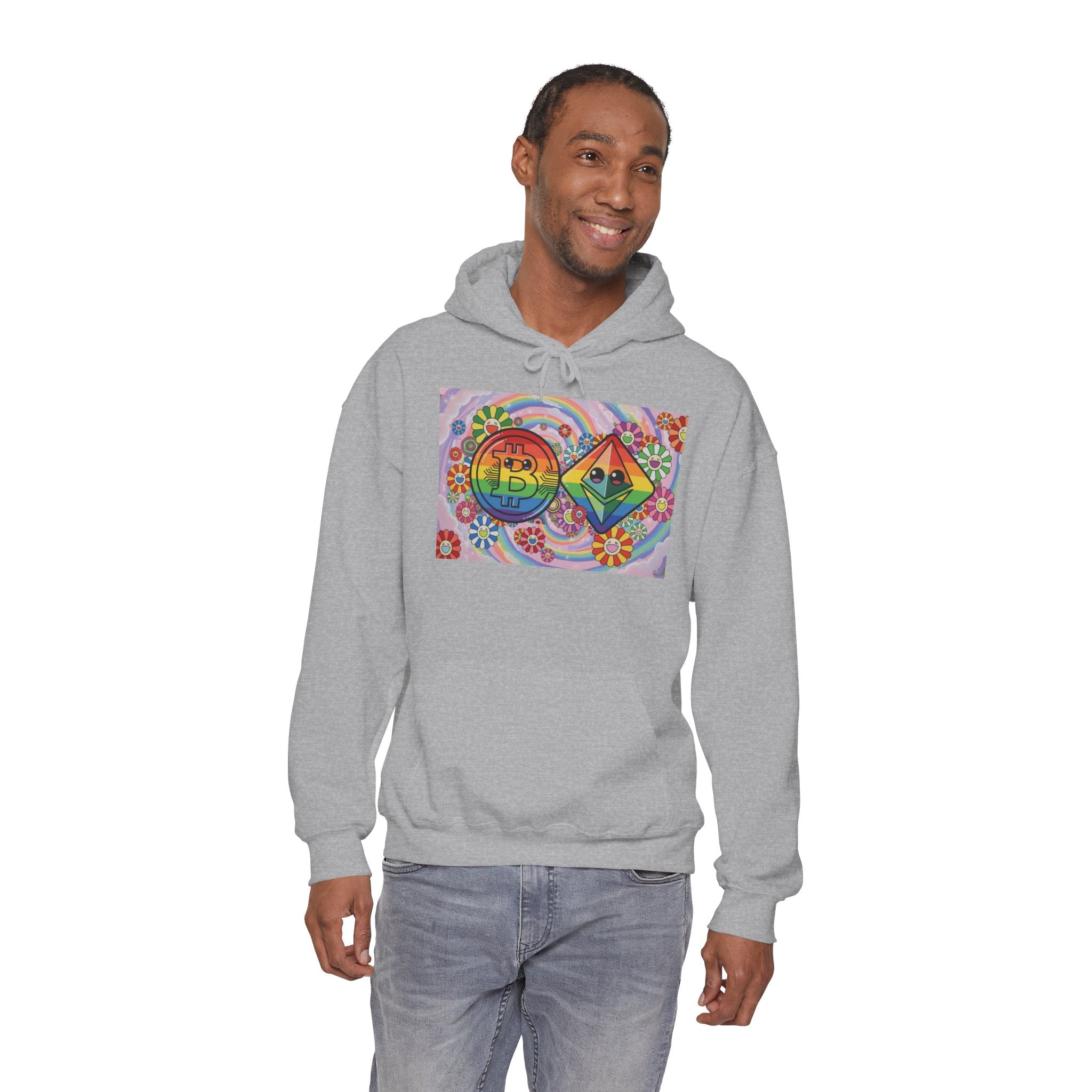 Crypto Flower Power Hoodie — Bitcoin & Ethereum Psychedelic Design