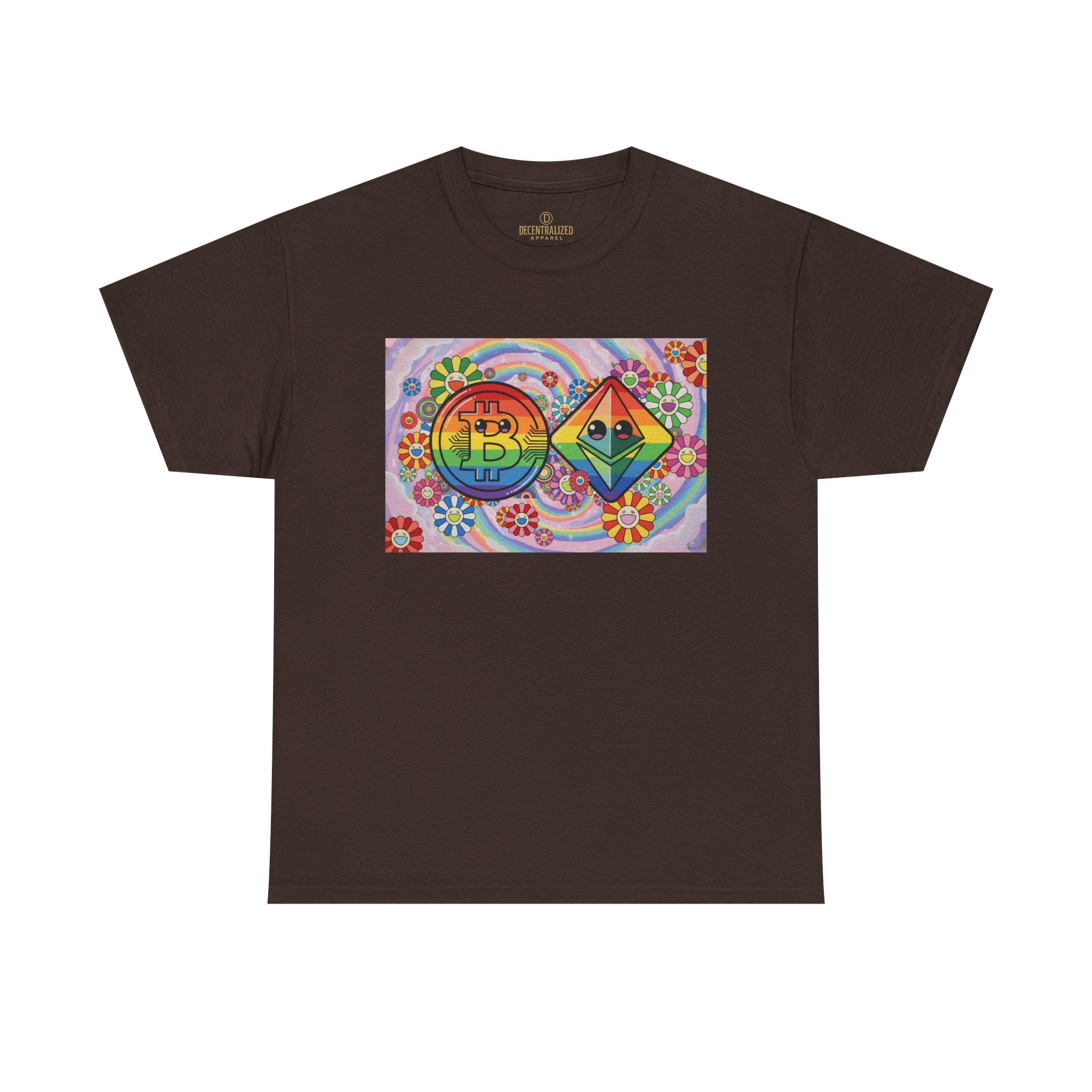 Crypto Rainbow T-Shirt — Bitcoin & Ethereum Hippie Art Tee