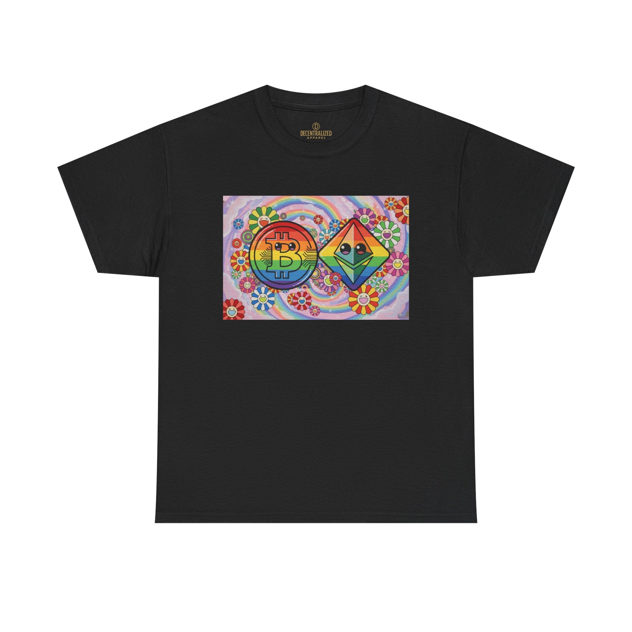 Crypto Rainbow T-Shirt — Bitcoin & Ethereum Hippie Art Tee