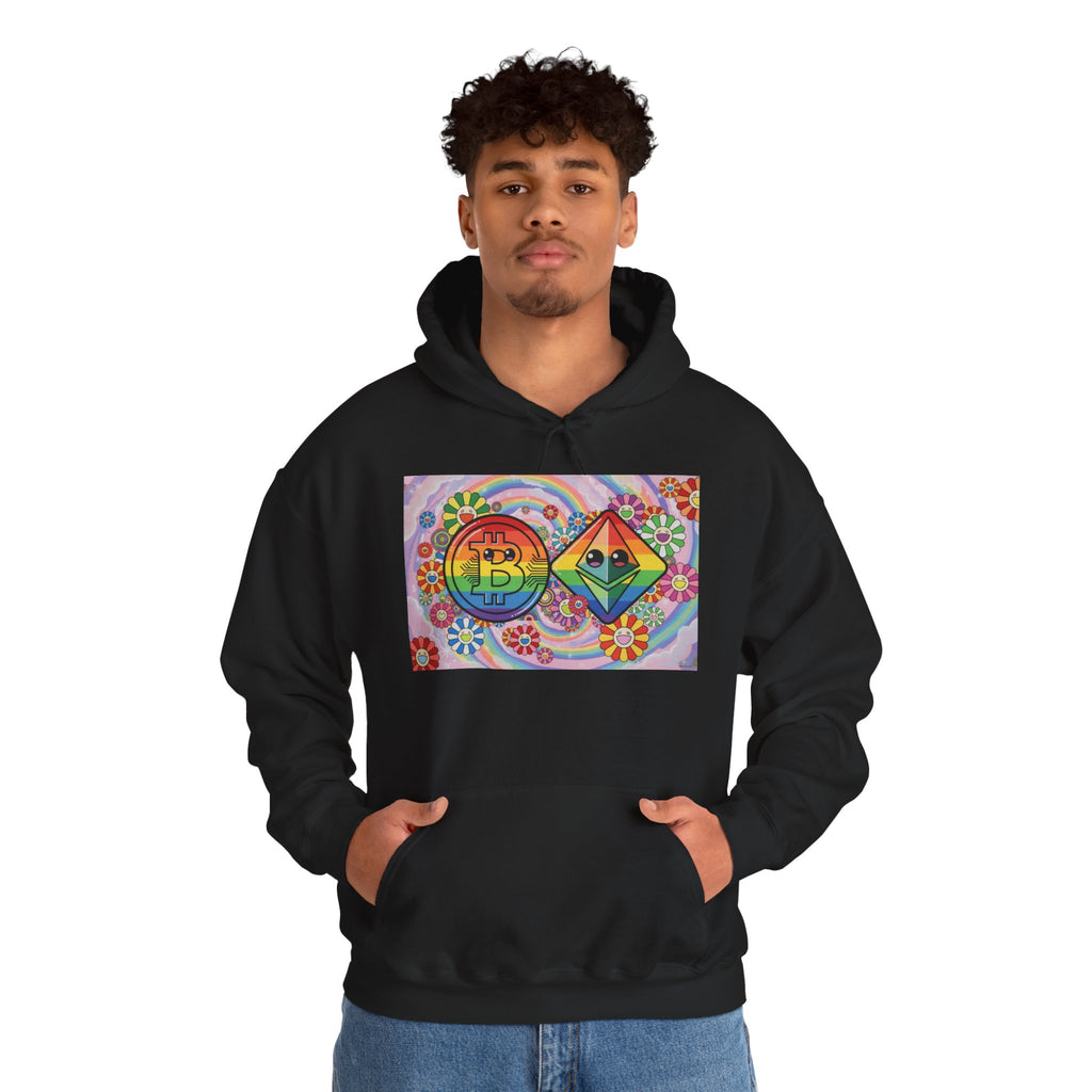 Crypto Flower Power Hoodie — Bitcoin & Ethereum Psychedelic Design