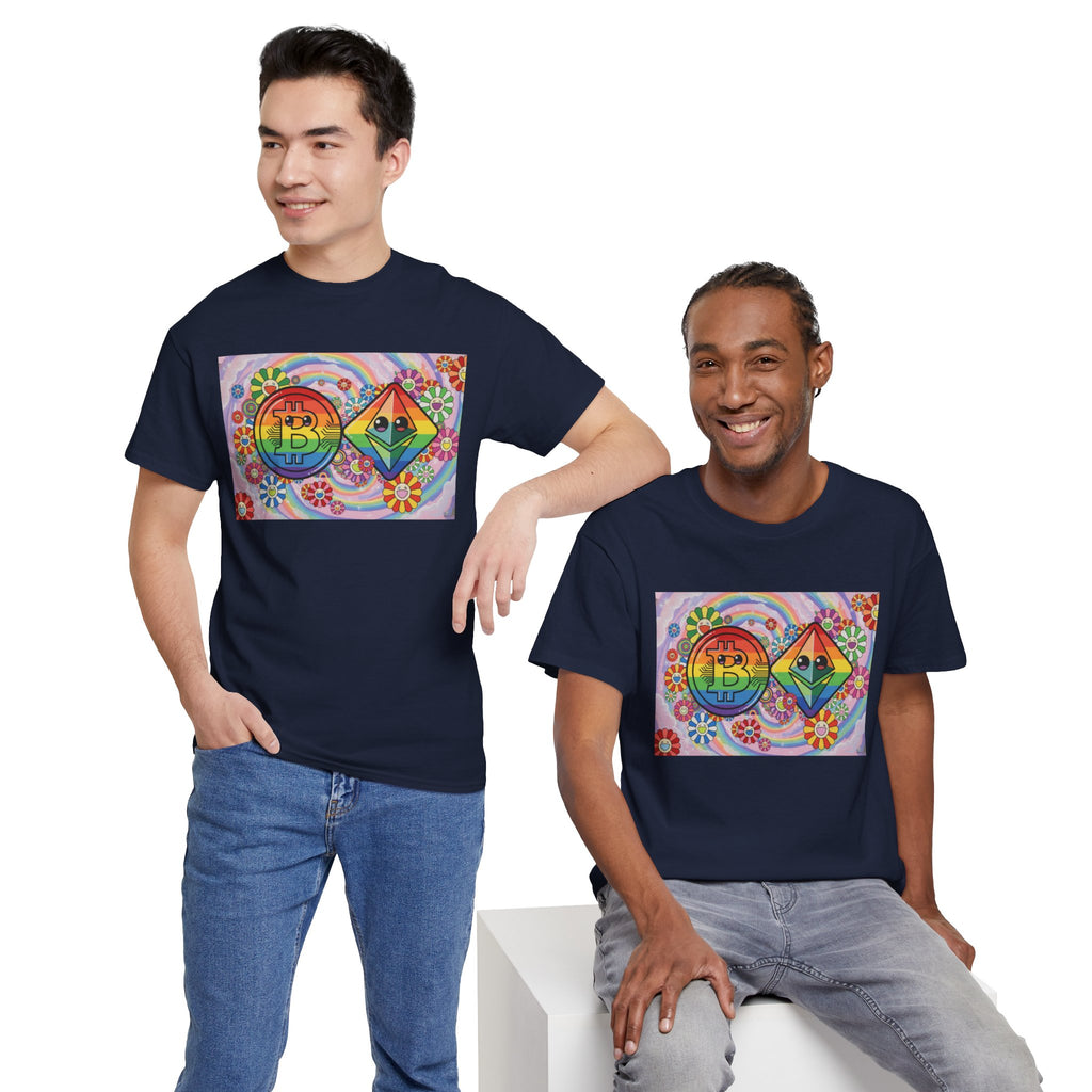 Crypto Rainbow T-Shirt — Bitcoin & Ethereum Hippie Art Tee