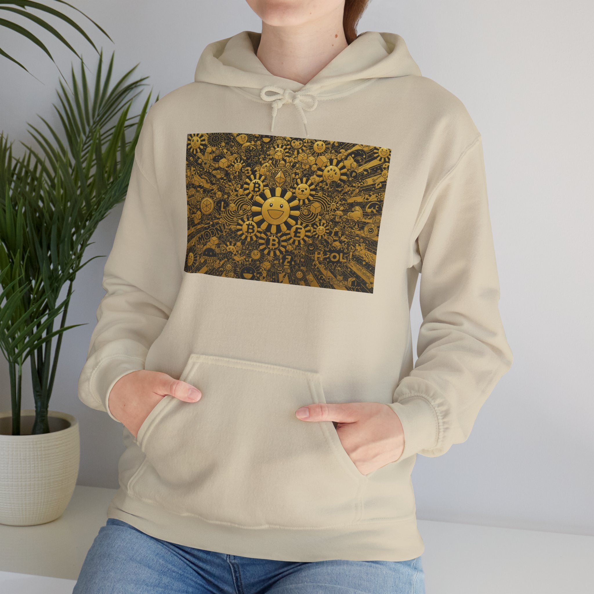 Solar Mandala Hoodie — Golden Sunburst Graphic Pullover