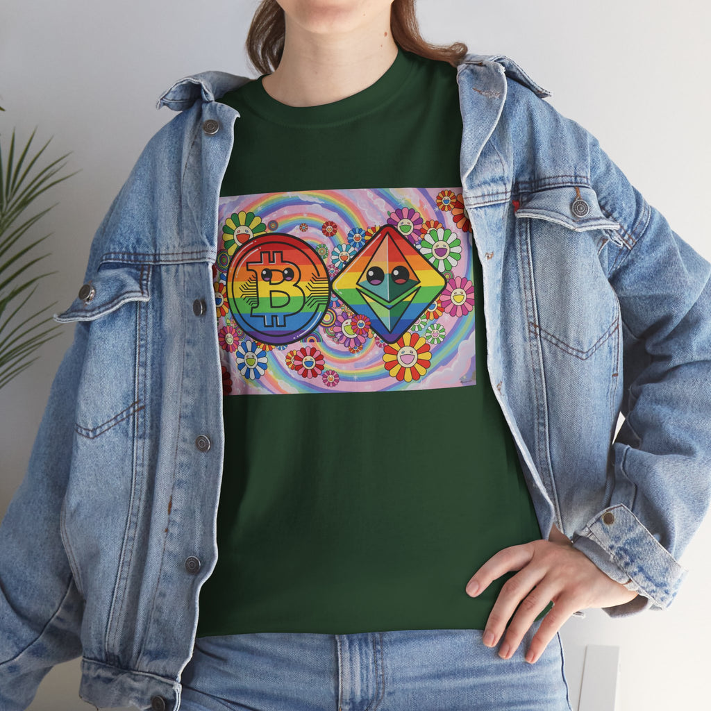 Crypto Rainbow T-Shirt — Bitcoin & Ethereum Hippie Art Tee