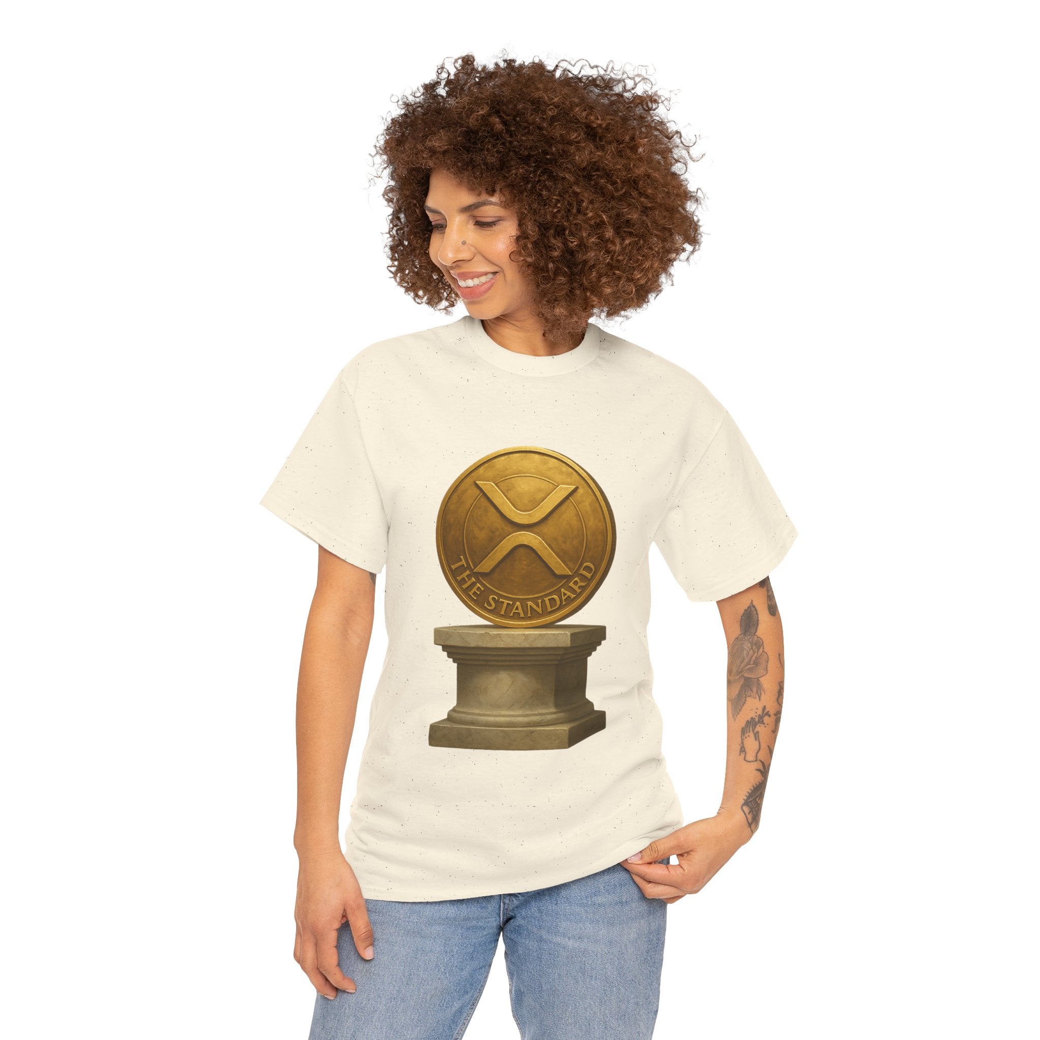 XRP Ledger Trophy T‑Shirt – Gold Ripple Coin on Pedestal Crypto Tee