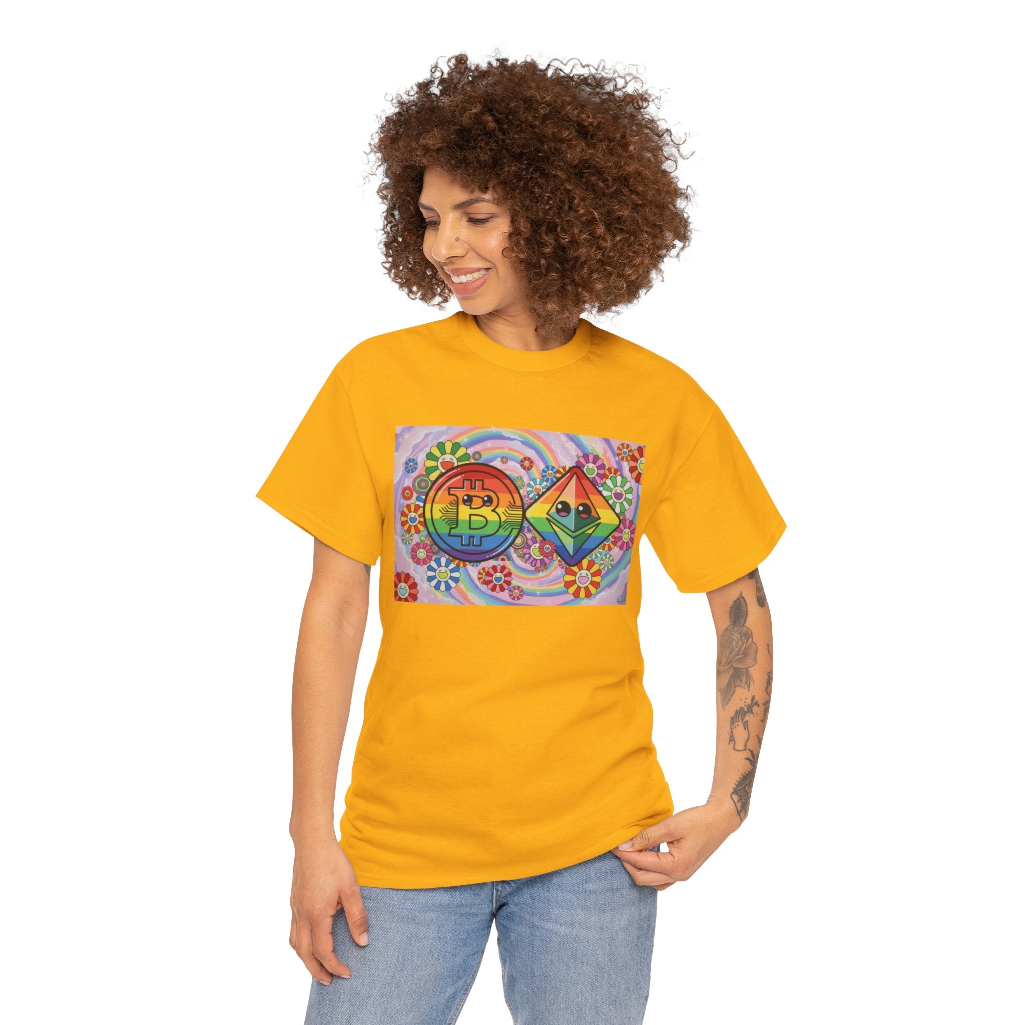 Crypto Rainbow T-Shirt — Bitcoin & Ethereum Hippie Art Tee