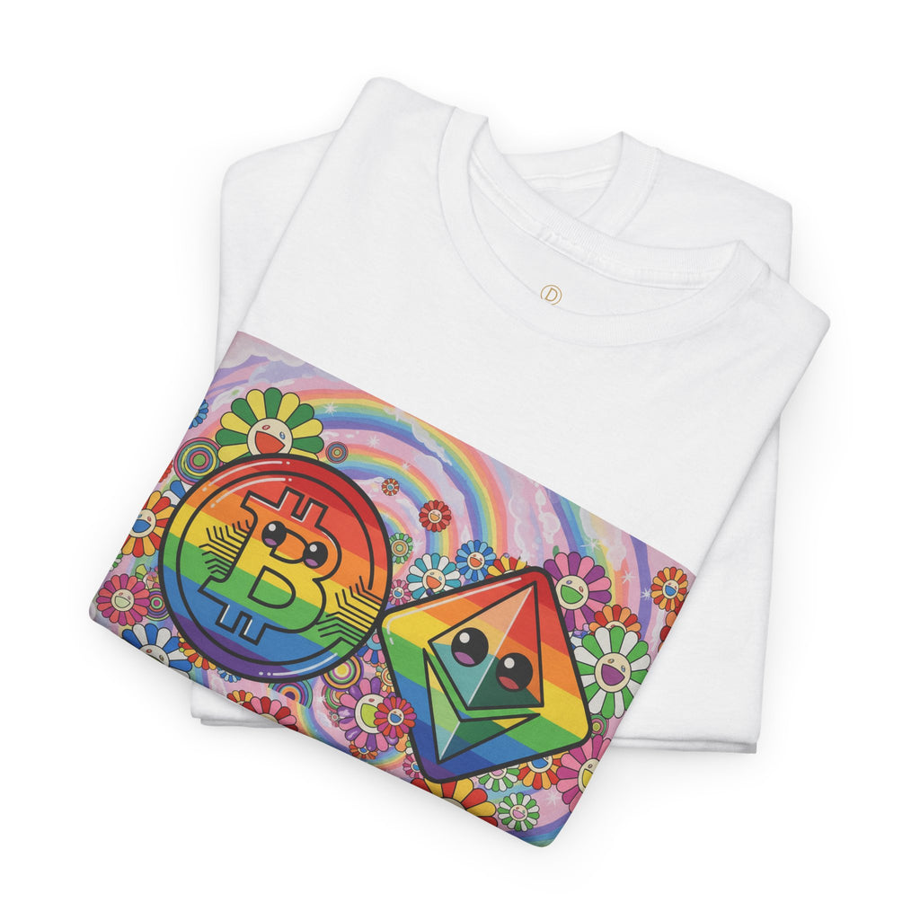 Crypto Rainbow T-Shirt — Bitcoin & Ethereum Hippie Art Tee